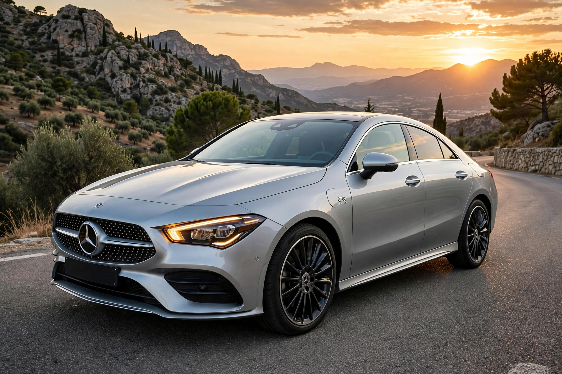 Mercedes CLA 250 e Coupé híbrido enchufable en color plata, vista tres cuartos