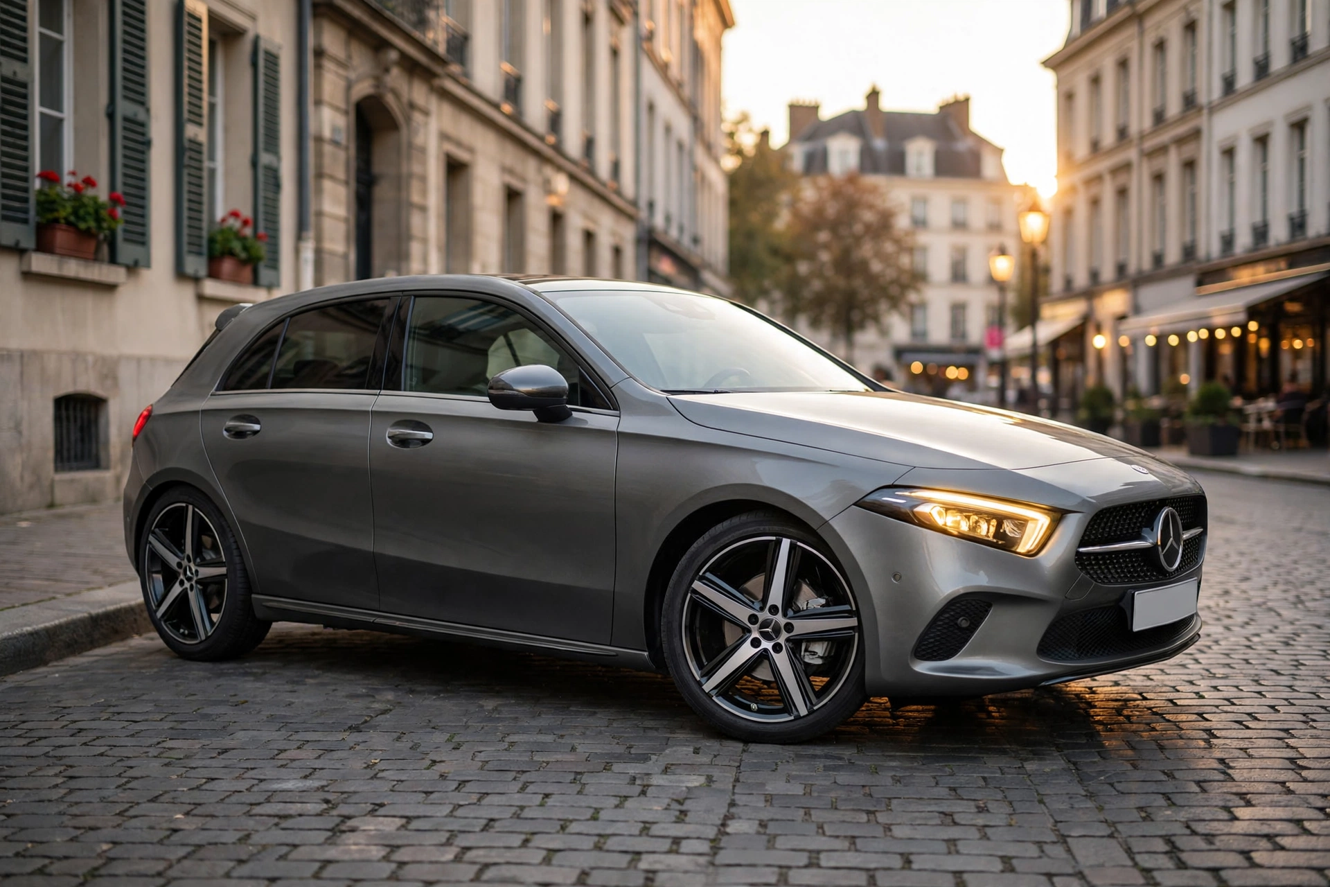 Mercedes-Benz Clase A 200 compacto premium en color gris, vista tres cuartos delantera