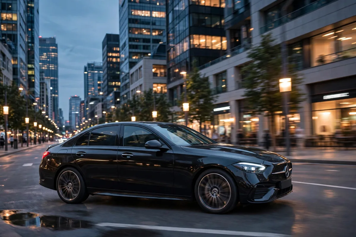 Mercedes-Benz Clase C 200 negro circulando por una avenida de ciudad al atardecer