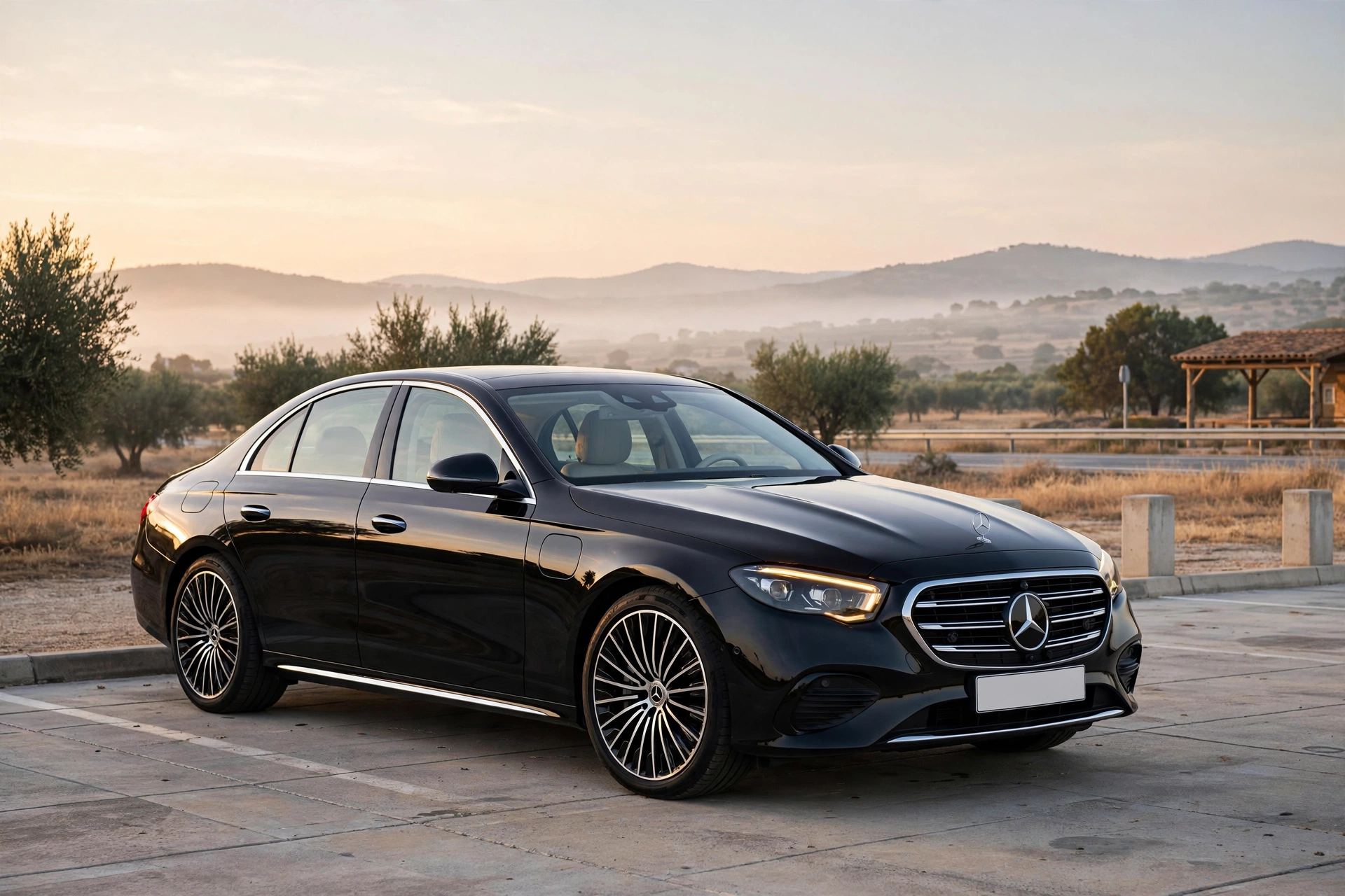 Mercedes Clase E 220 d berlina en color negro, vista tres cuartos delantera