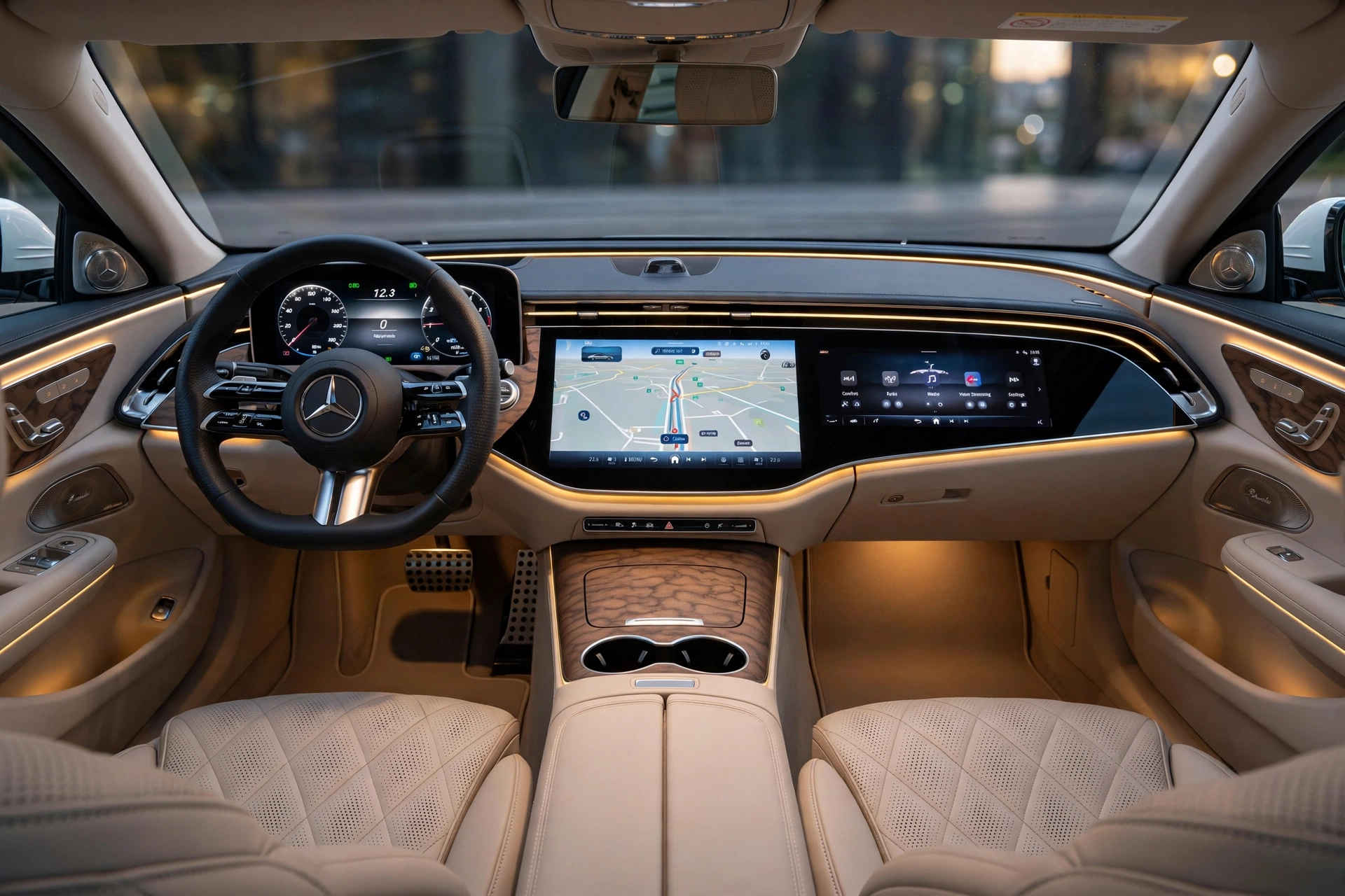 Interior del Mercedes Clase E 220 d con superscreen MBUX