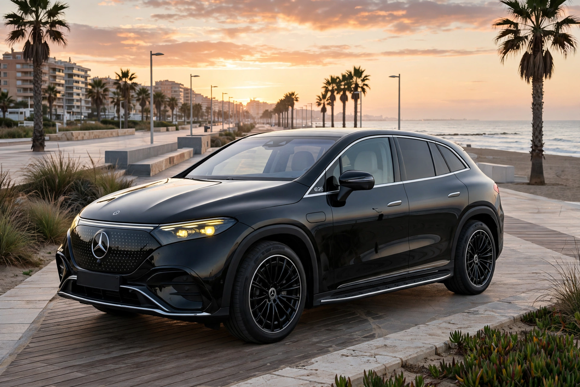 Mercedes EQE 500 4MATIC SUV eléctrico en color gris, vista tres cuartos