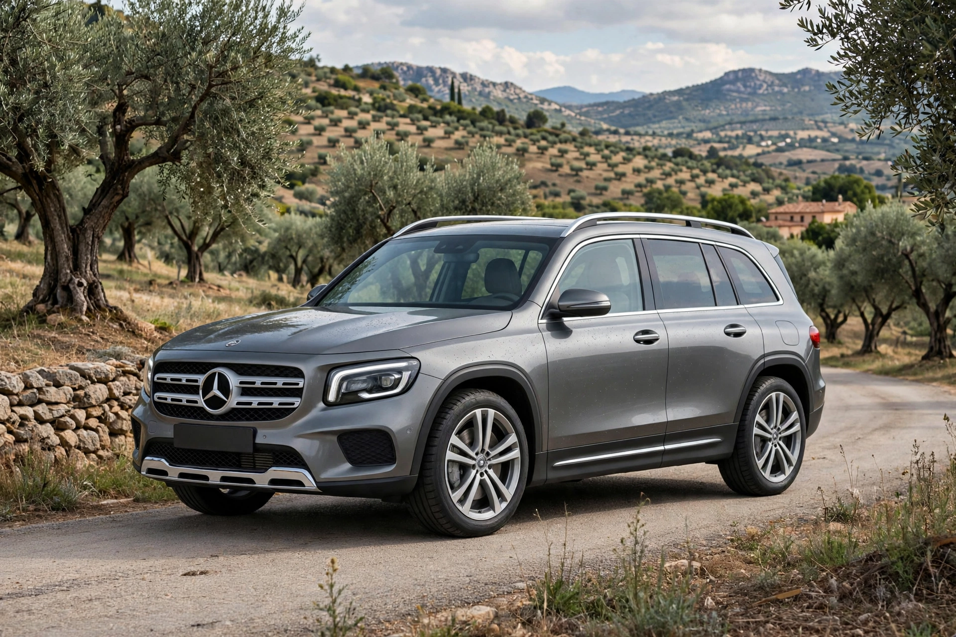 Mercedes GLB 200 SUV familiar de 7 plazas en color gris, vista tres cuartos