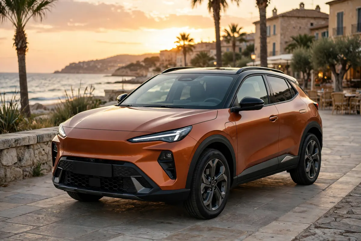 Mitsubishi ASX 100T naranja, tres cuartos delantero en paseo marítimo al atardecer
