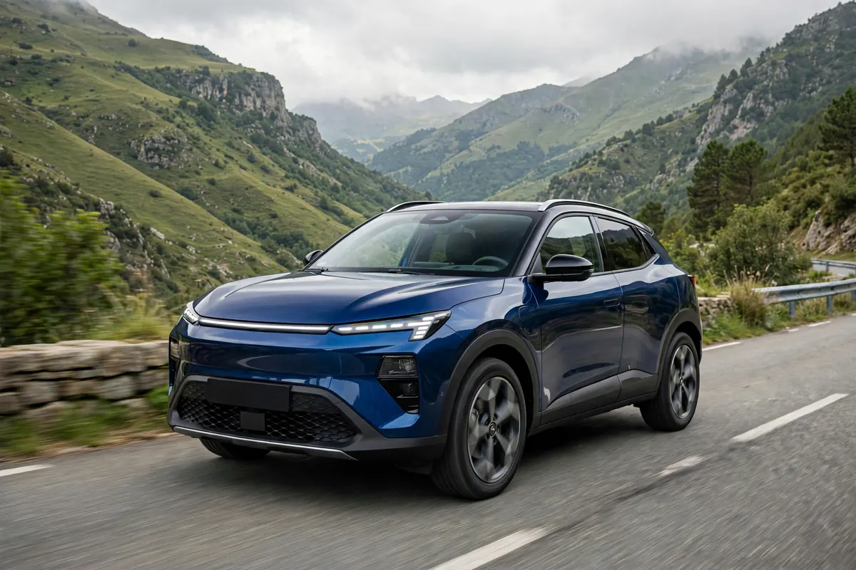 Mitsubishi ASX 120T azul oscuro, tres cuartos delantero en carretera de montaña