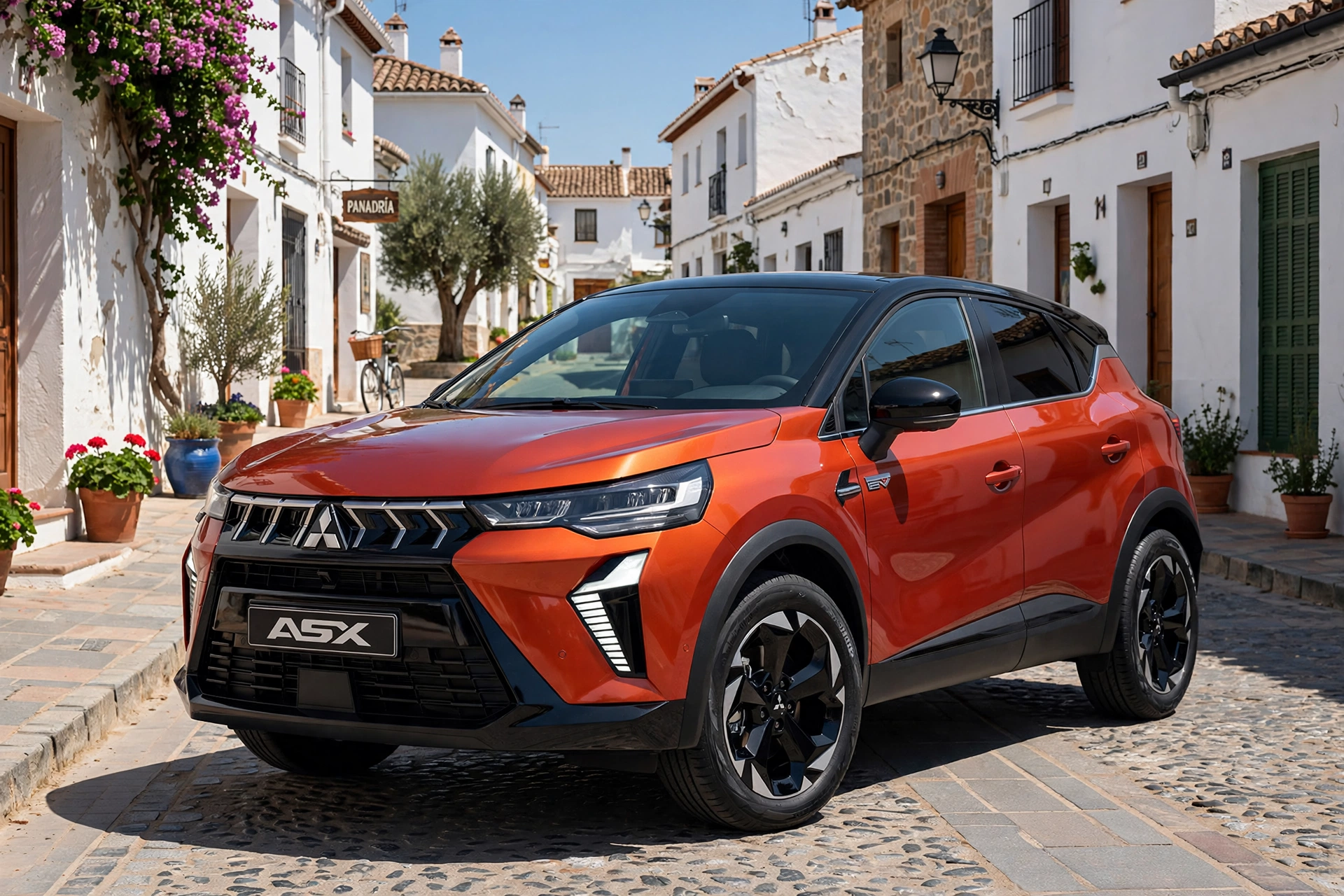 Mitsubishi ASX 130T MHEV 2025, tres cuartos delantero en calle de pueblo español