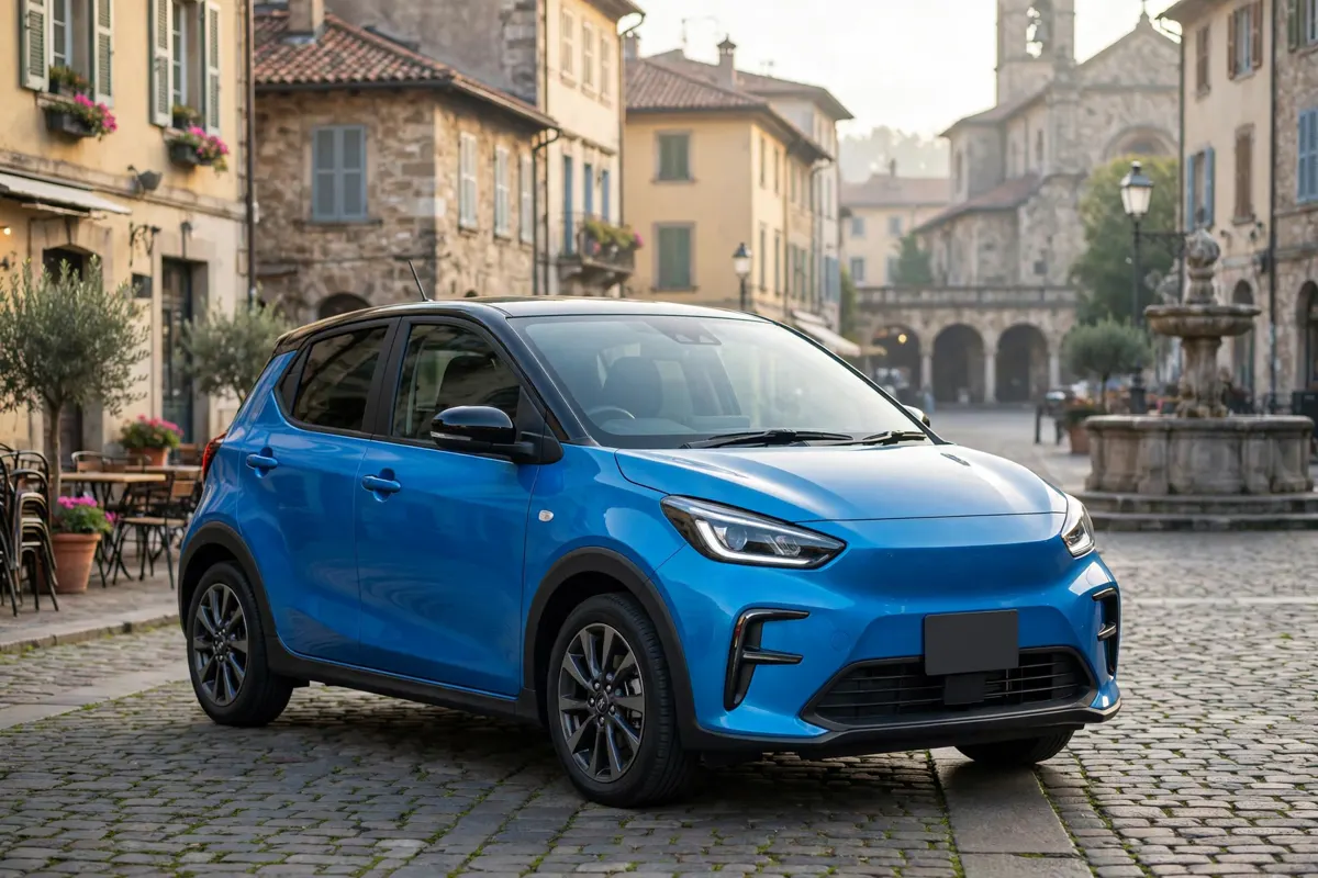 Mitsubishi Colt 100T azul, tres cuartos delantero en casco histórico