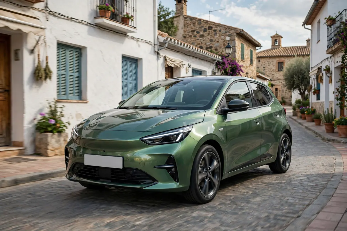 Mitsubishi Colt 100T GLP verde, tres cuartos delantero en pueblo español