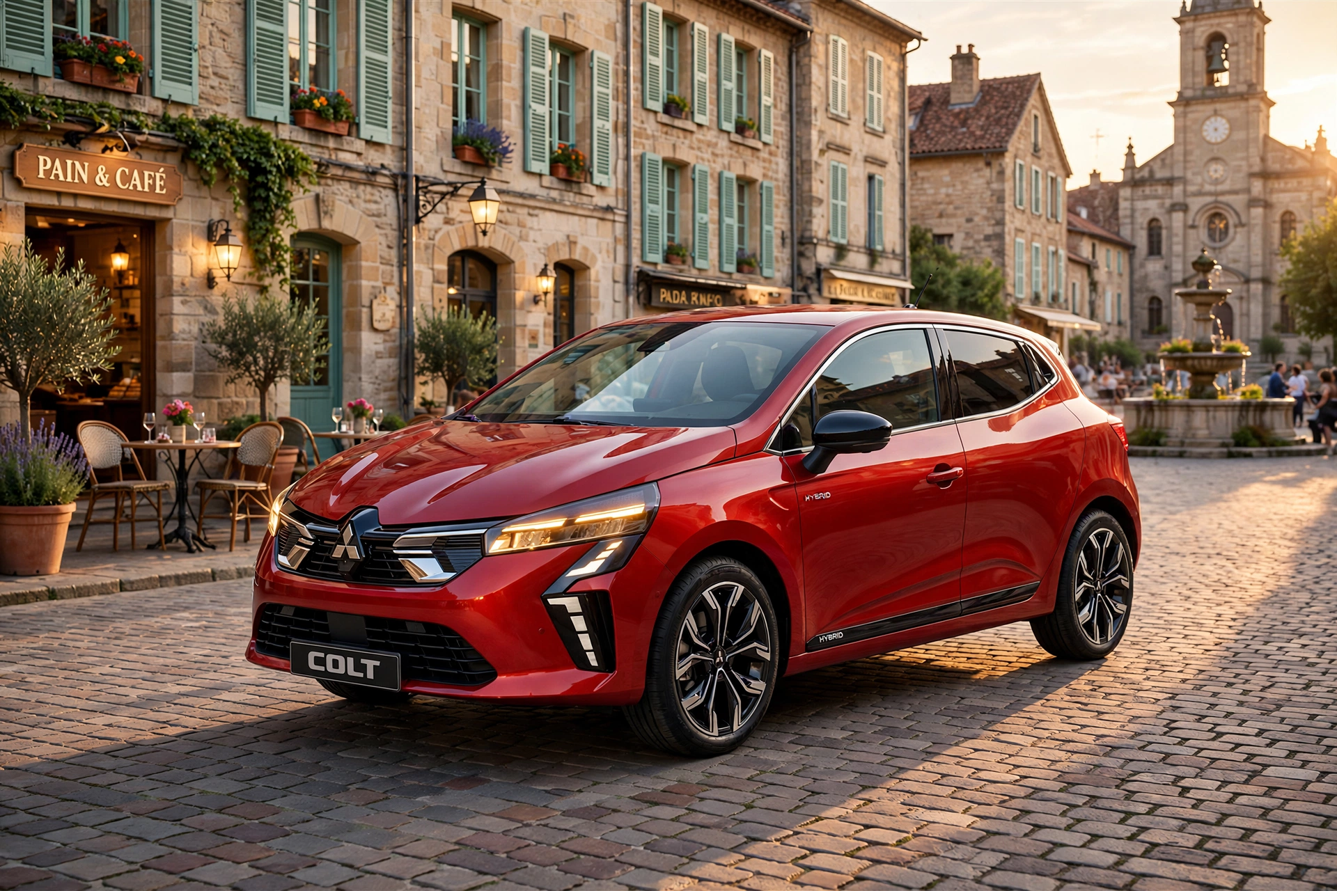 Mitsubishi Colt 160 HEV 2025 rojo en plaza de casco antiguo europeo
