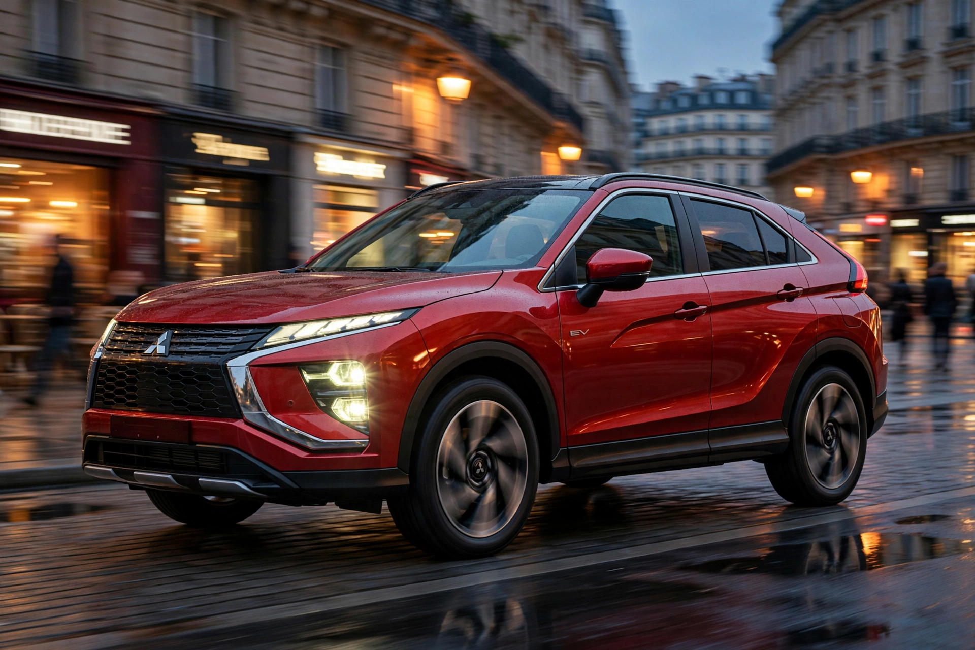 Mitsubishi Eclipse Cross eléctrico 2025, tres cuartos delantero en ciudad al atardecer