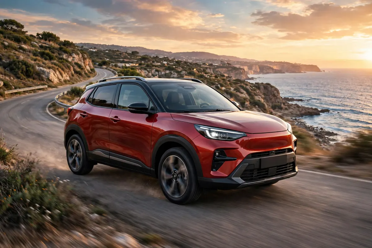 Mitsubishi Grandis 130T rojo, SUV familiar compacto, tres cuartos delantero en carretera de costa