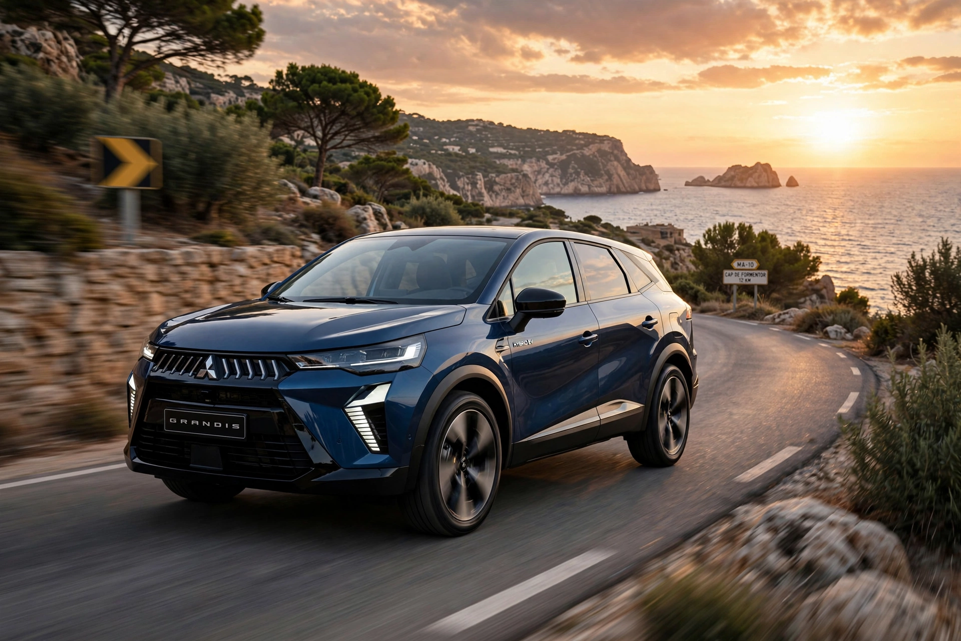 Mitsubishi Grandis 2025 híbrido, tres cuartos delantero en carretera de costa