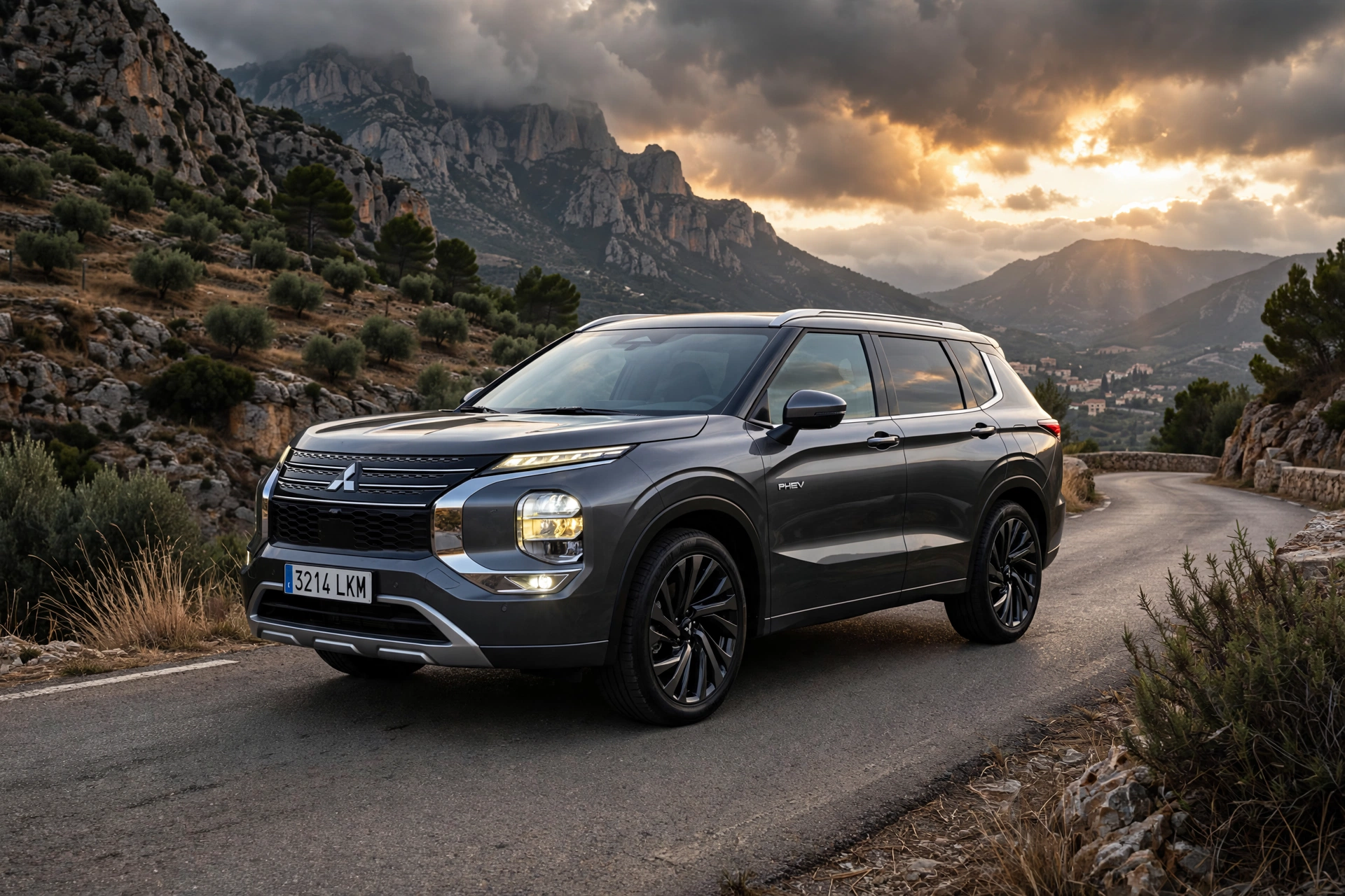 Mitsubishi Outlander PHEV 2025 gris oscuro en carretera de montaña al atardecer