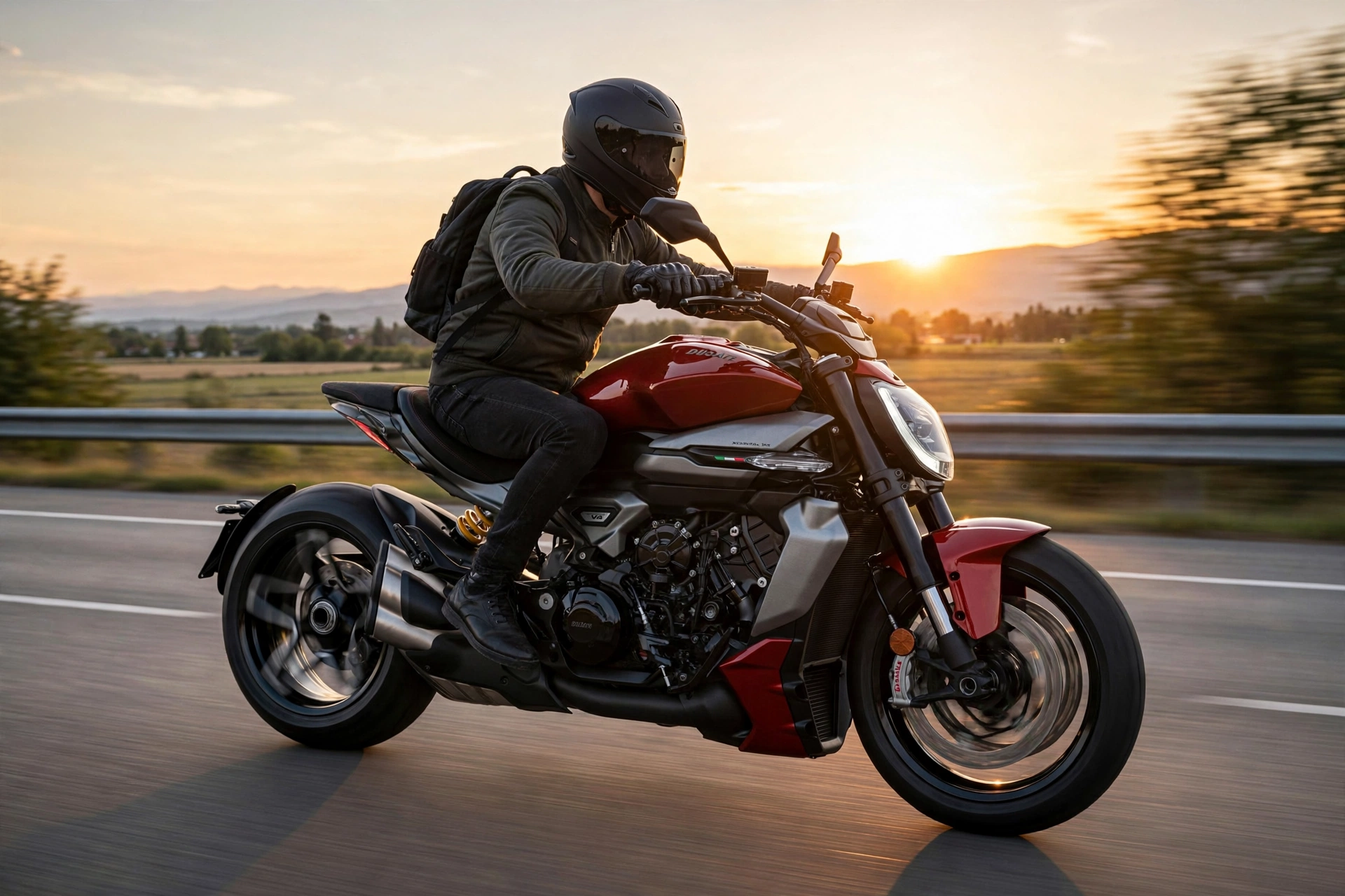 Ducati XDiavel V4 2025 en carretera al atardecer