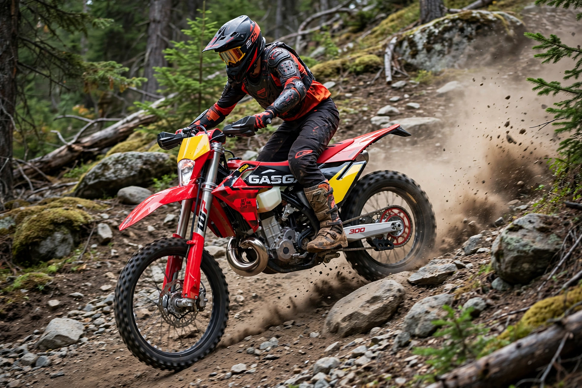 GasGas EC 300 2025 en acción en un sendero de enduro