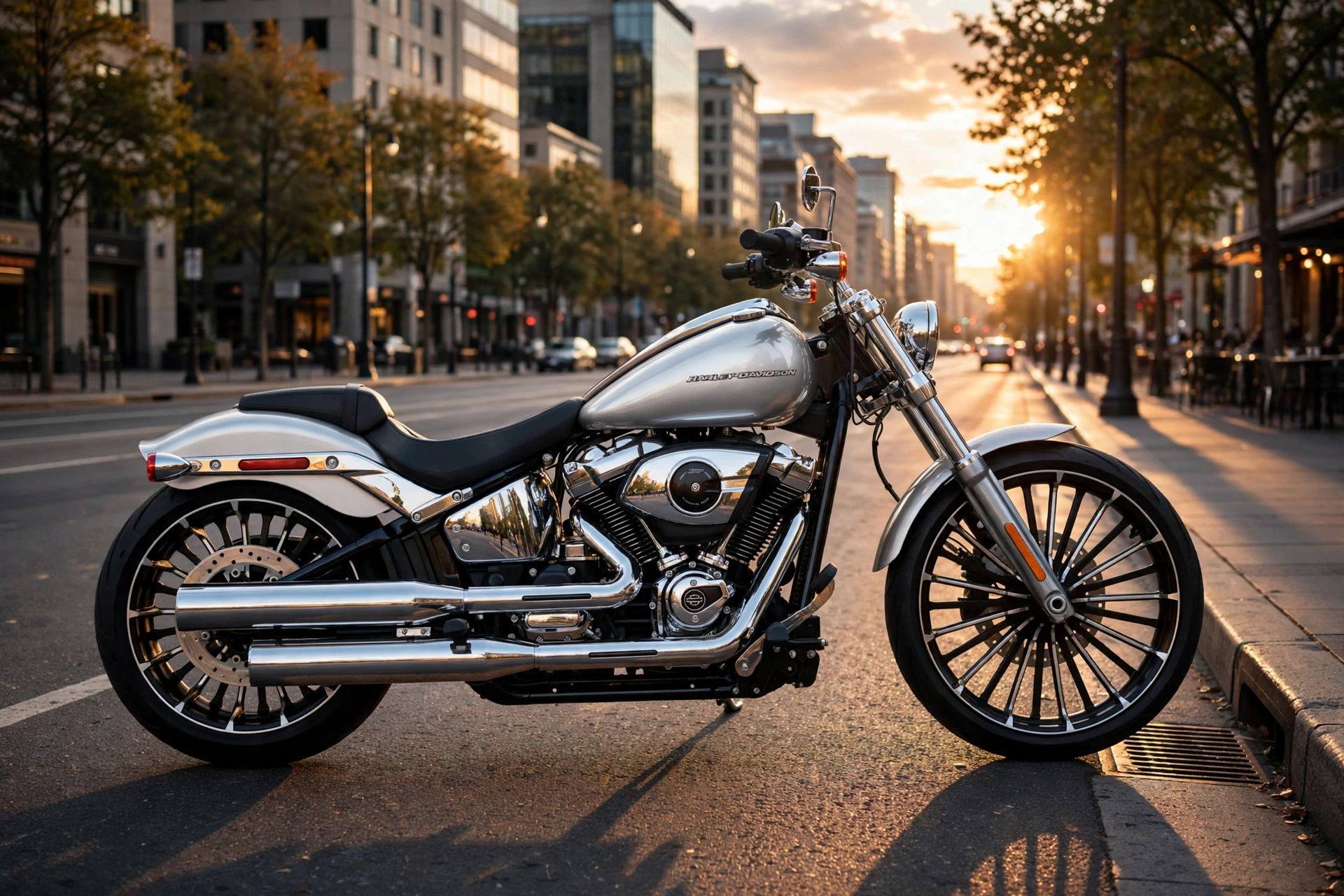 Harley-Davidson Breakout cromada en una avenida