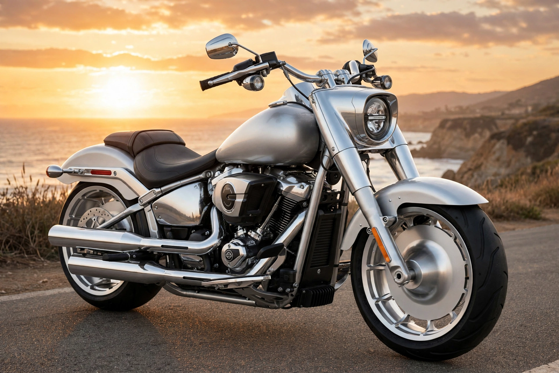 Harley-Davidson Fat Boy cromada al atardecer
