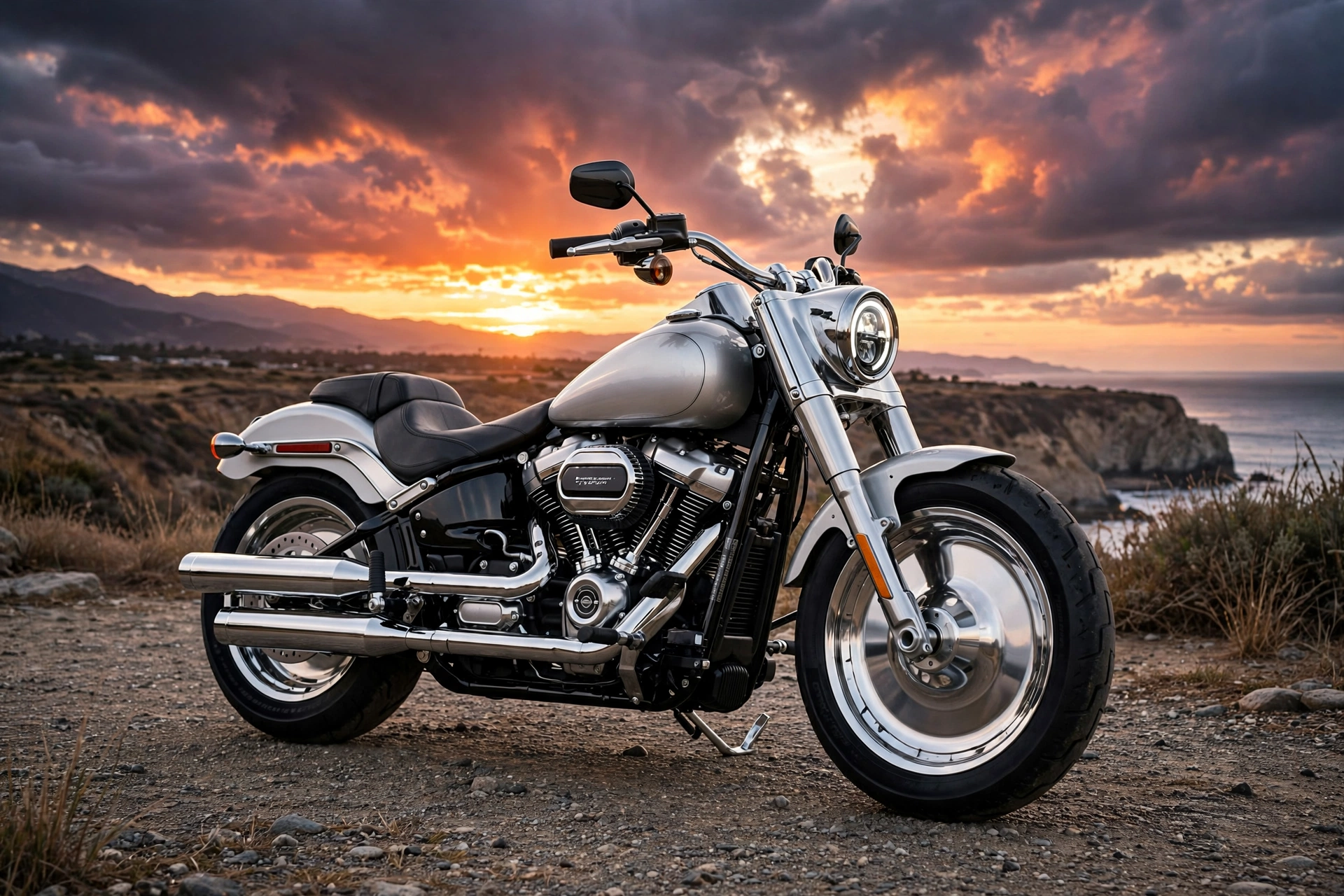 Harley-Davidson Fat Boy cromada al atardecer