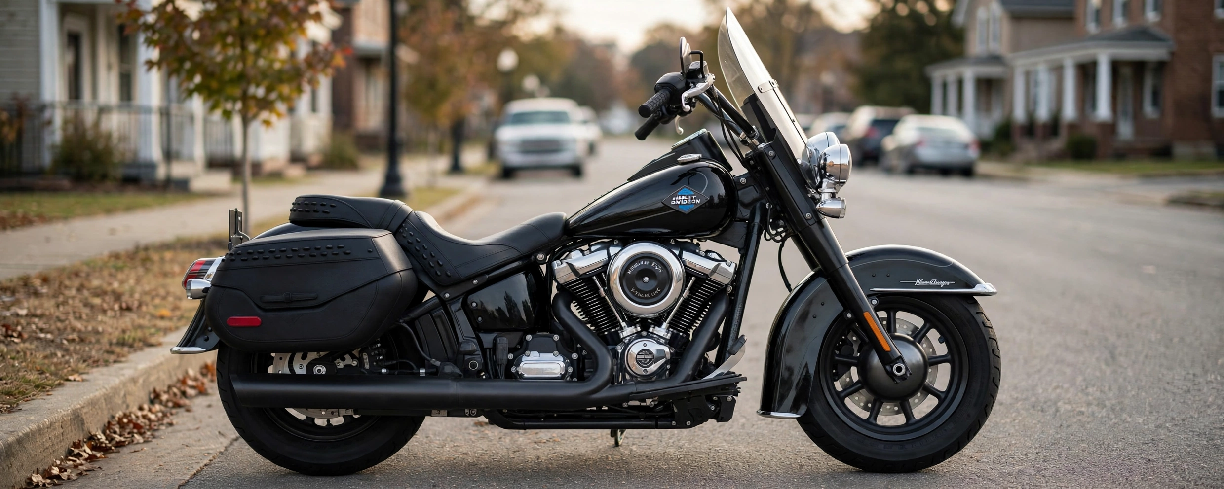 Harley-Davidson Heritage Classic con maletas, vista lateral