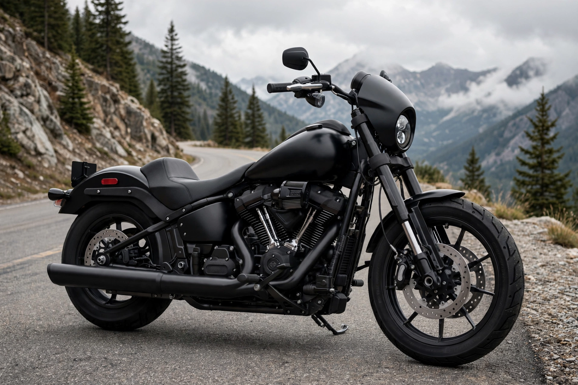 Harley-Davidson Low Rider S negra en carretera de montaña