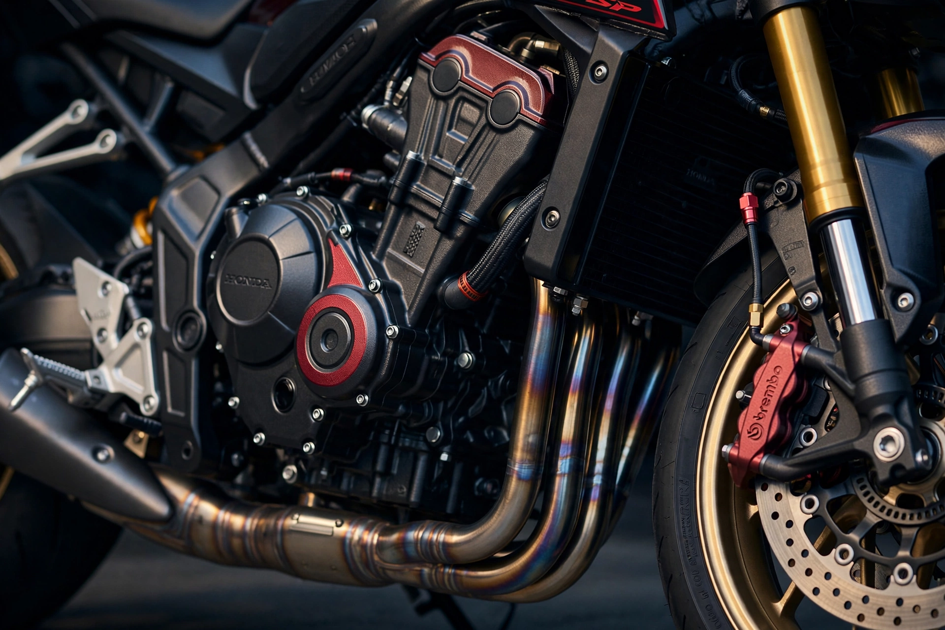 Honda CB1000 Hornet SP 2025, detalle del motor y escape
