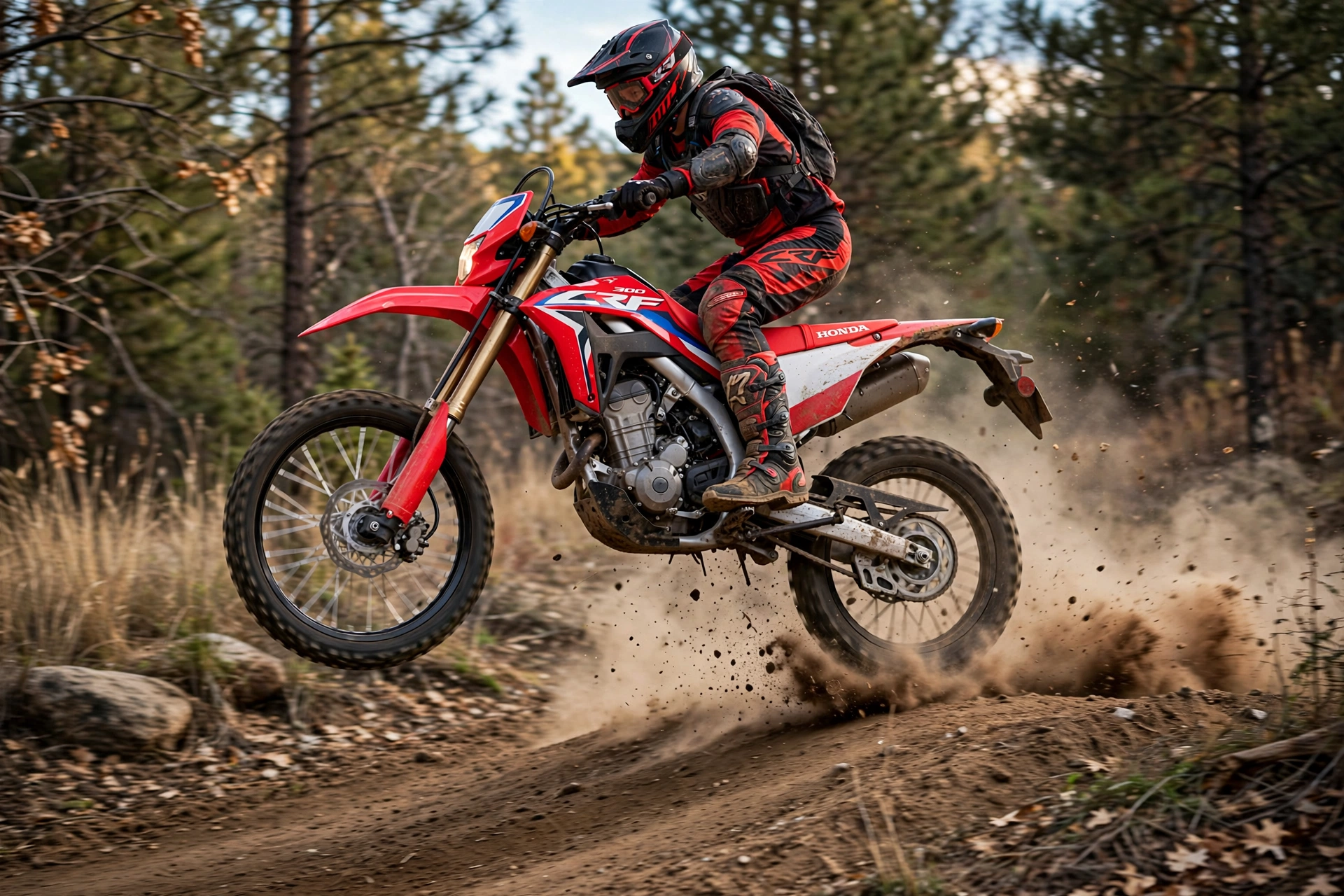 Honda CRF300L 2025 saltando en pista de tierra