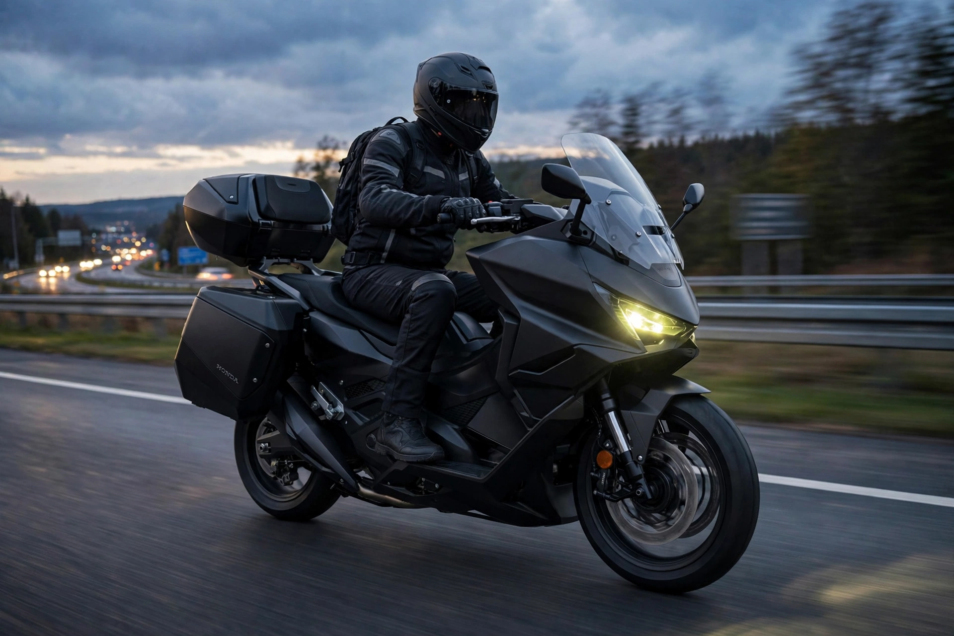Honda Forza 750 2025 en autopista al atardecer