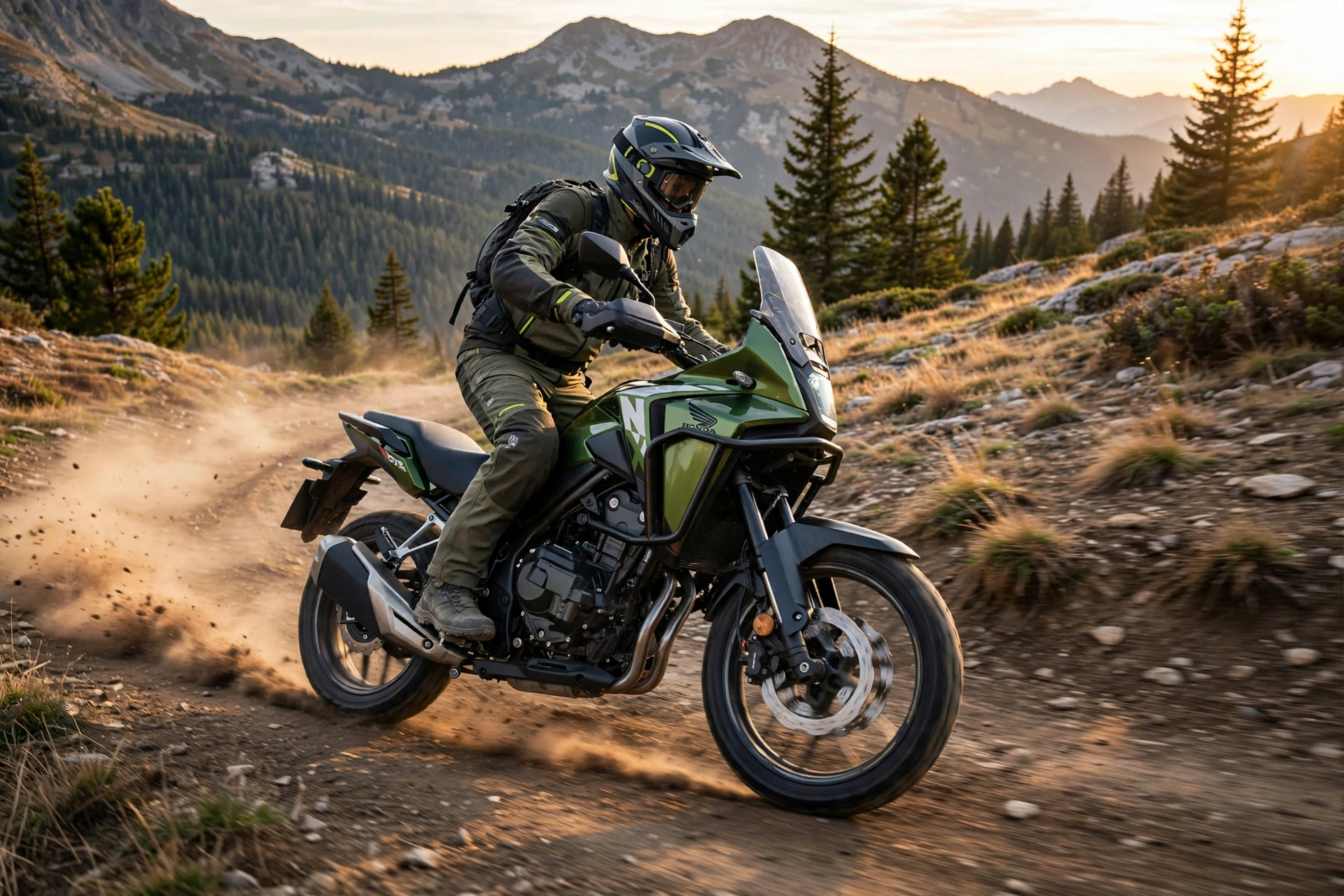 Honda NX500 2025 en pista de tierra al atardecer