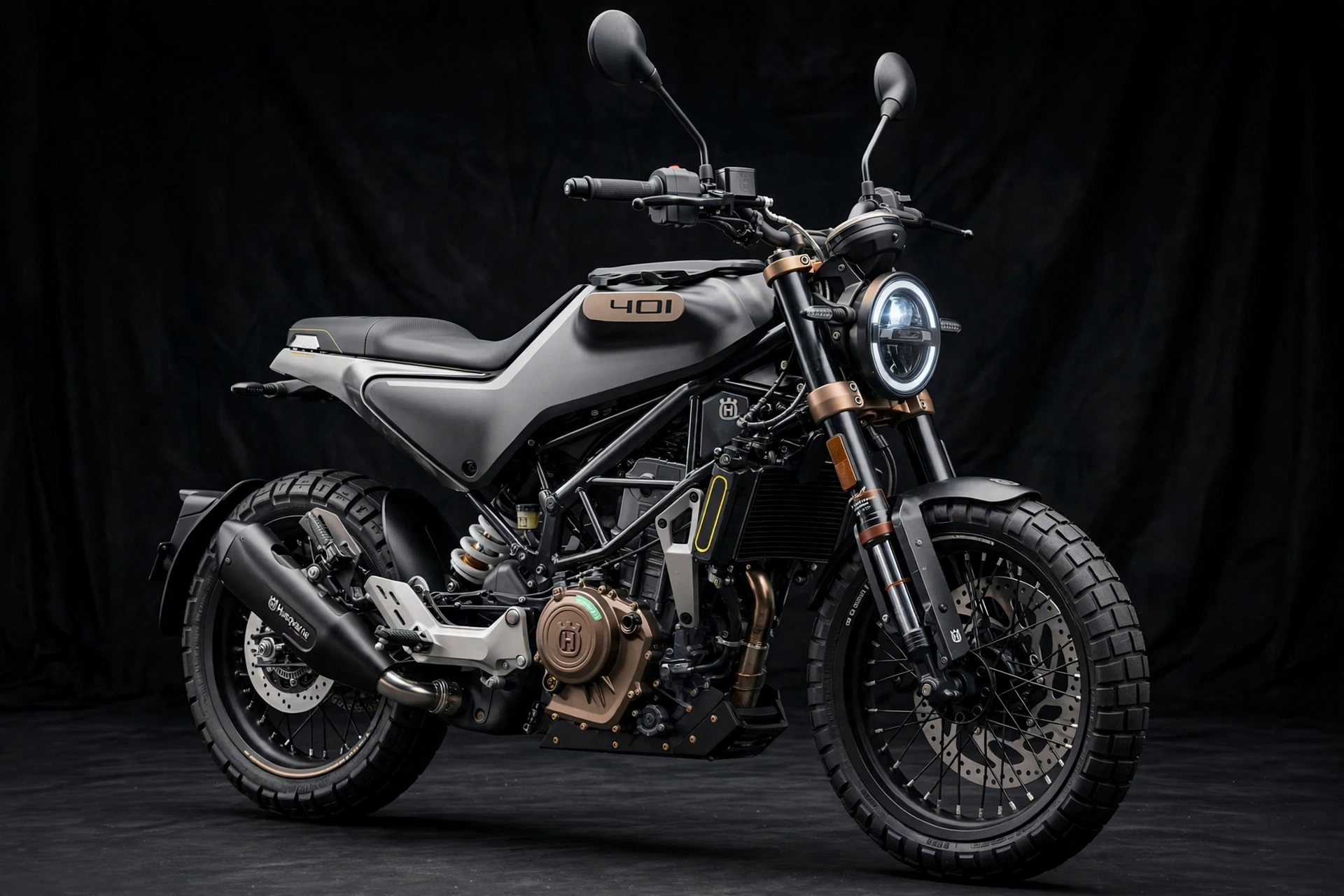 Husqvarna Svartpilen 401 2024 negra con faro redondo en vista tres cuartos