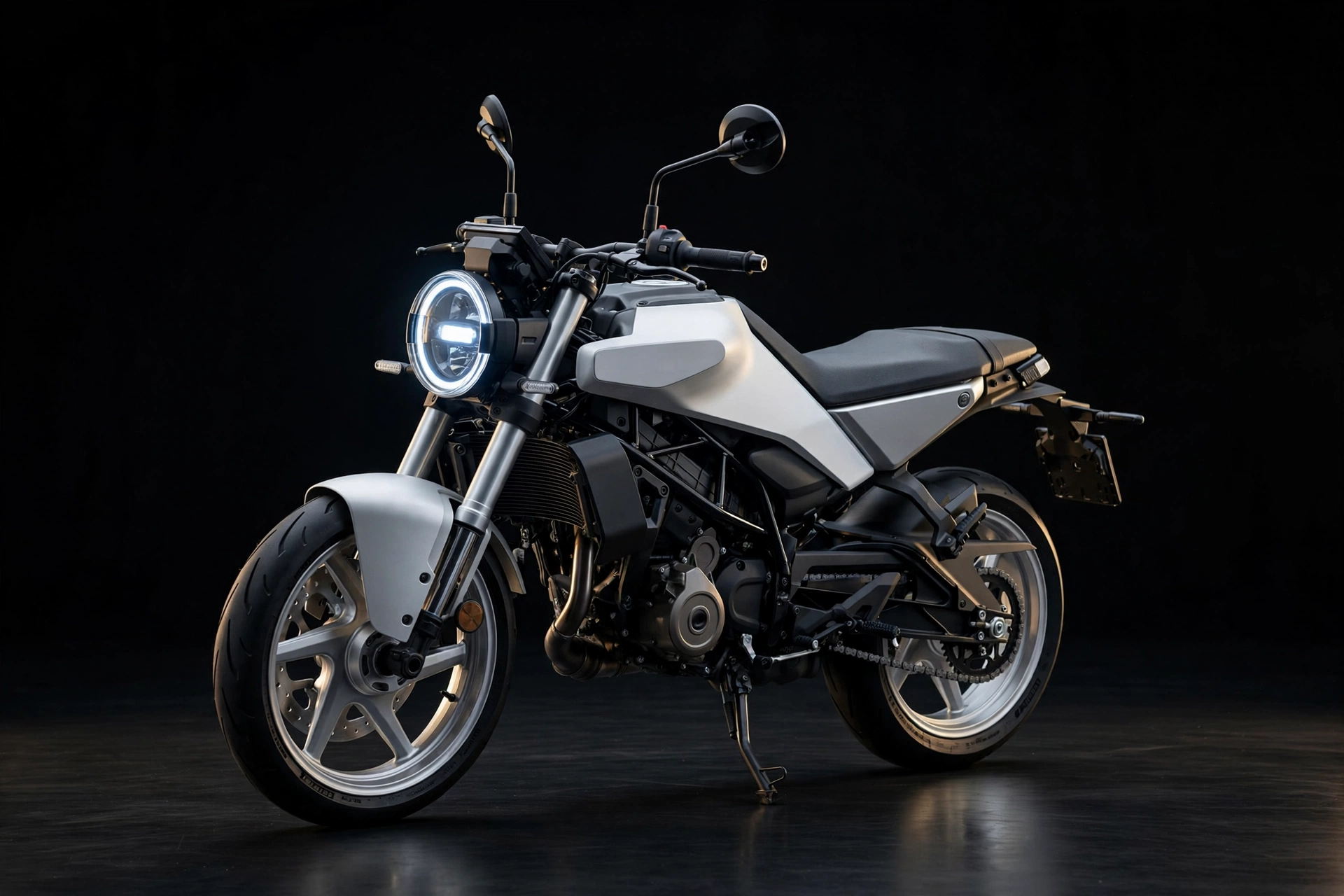 Husqvarna Vitpilen 401 2024 blanca minimalista en vista tres cuartos