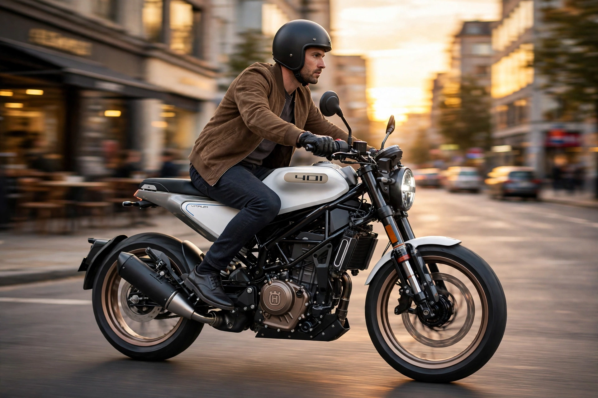 Husqvarna Vitpilen 401 2024 en ciudad al atardecer