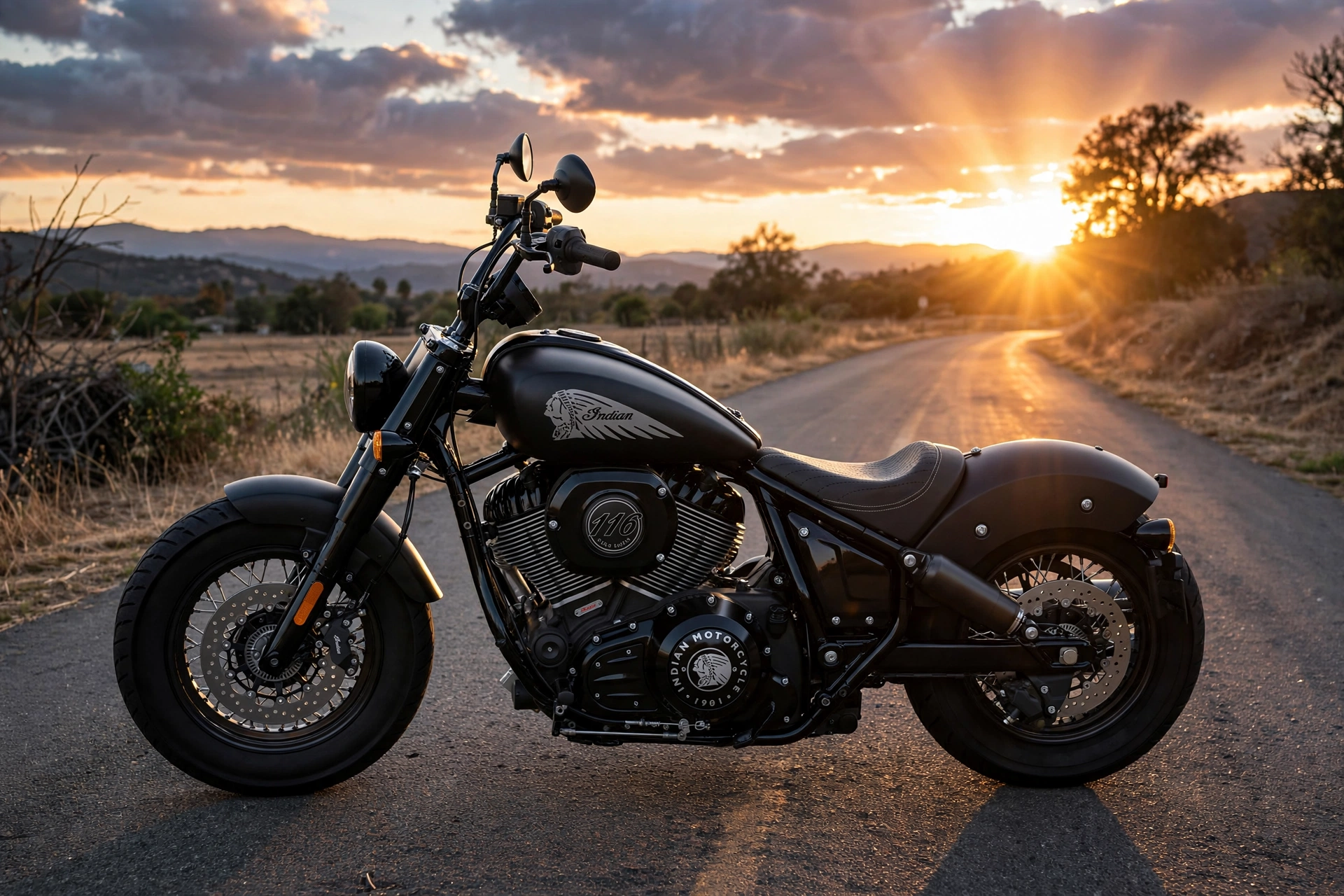 Indian Chief Bobber Dark Horse al atardecer en ruta