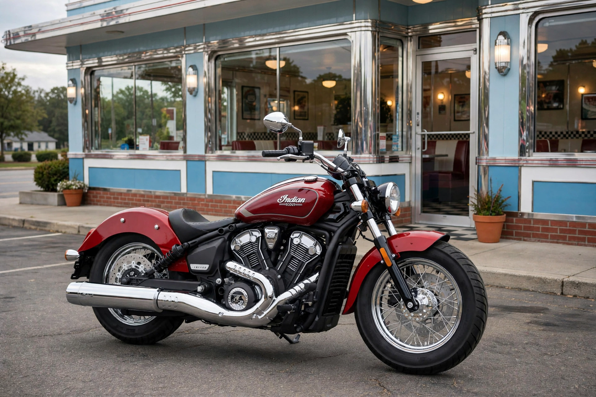 Indian Scout Classic en un pueblo americano