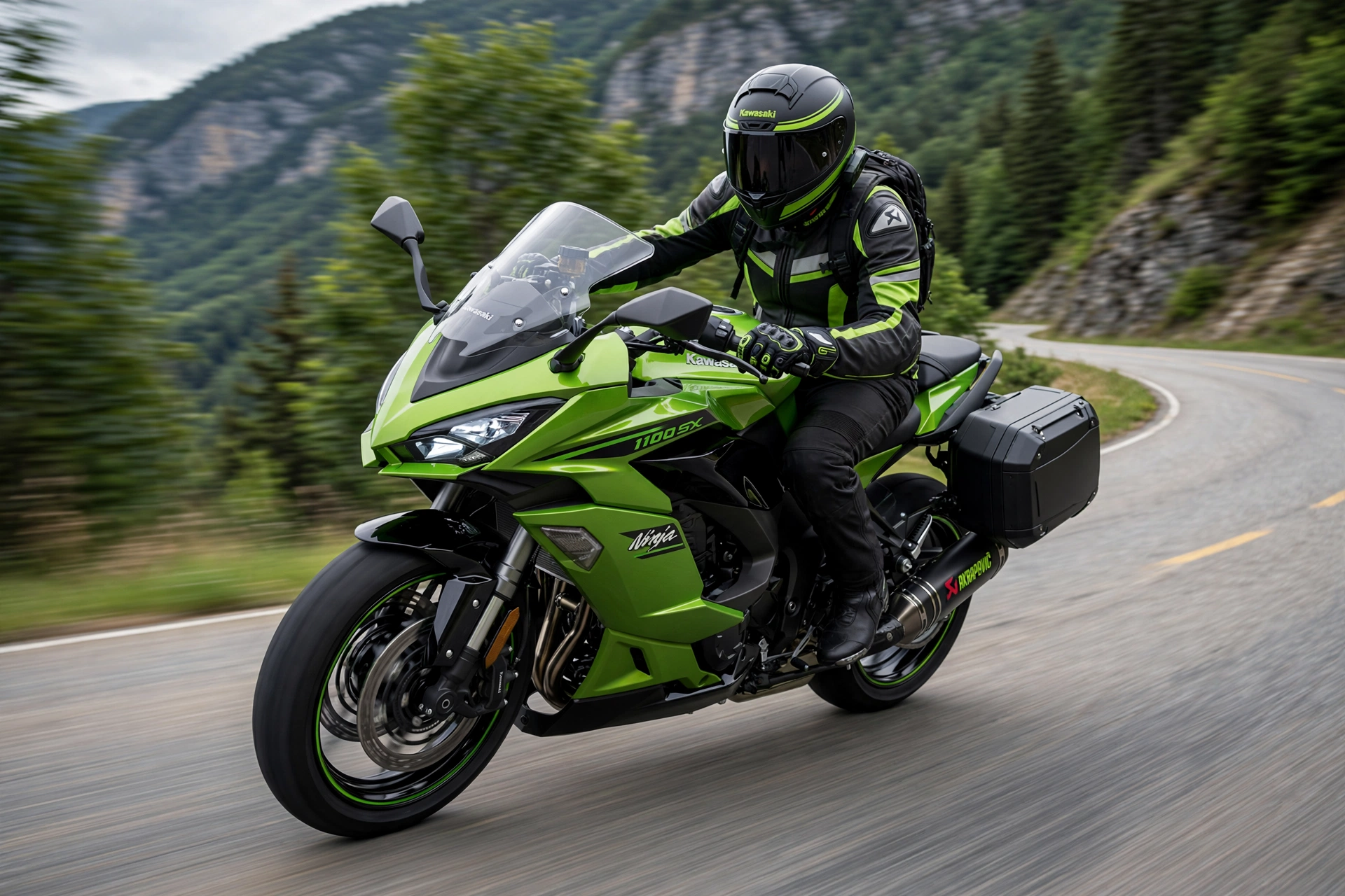 Kawasaki Ninja 1100SX 2025 en autopista de montaña