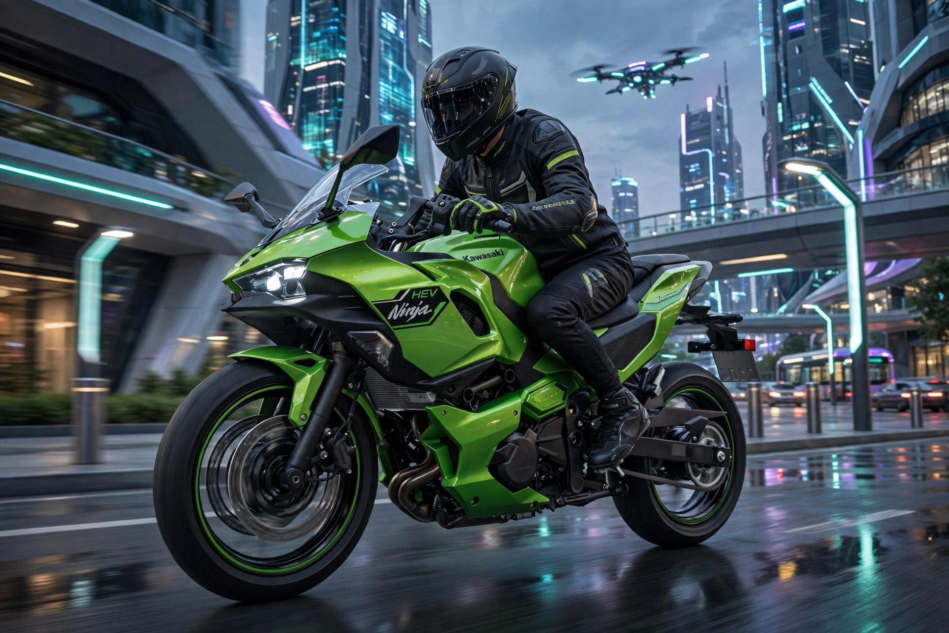 Kawasaki Ninja 7 Hybrid 2024 rodando en ciudad