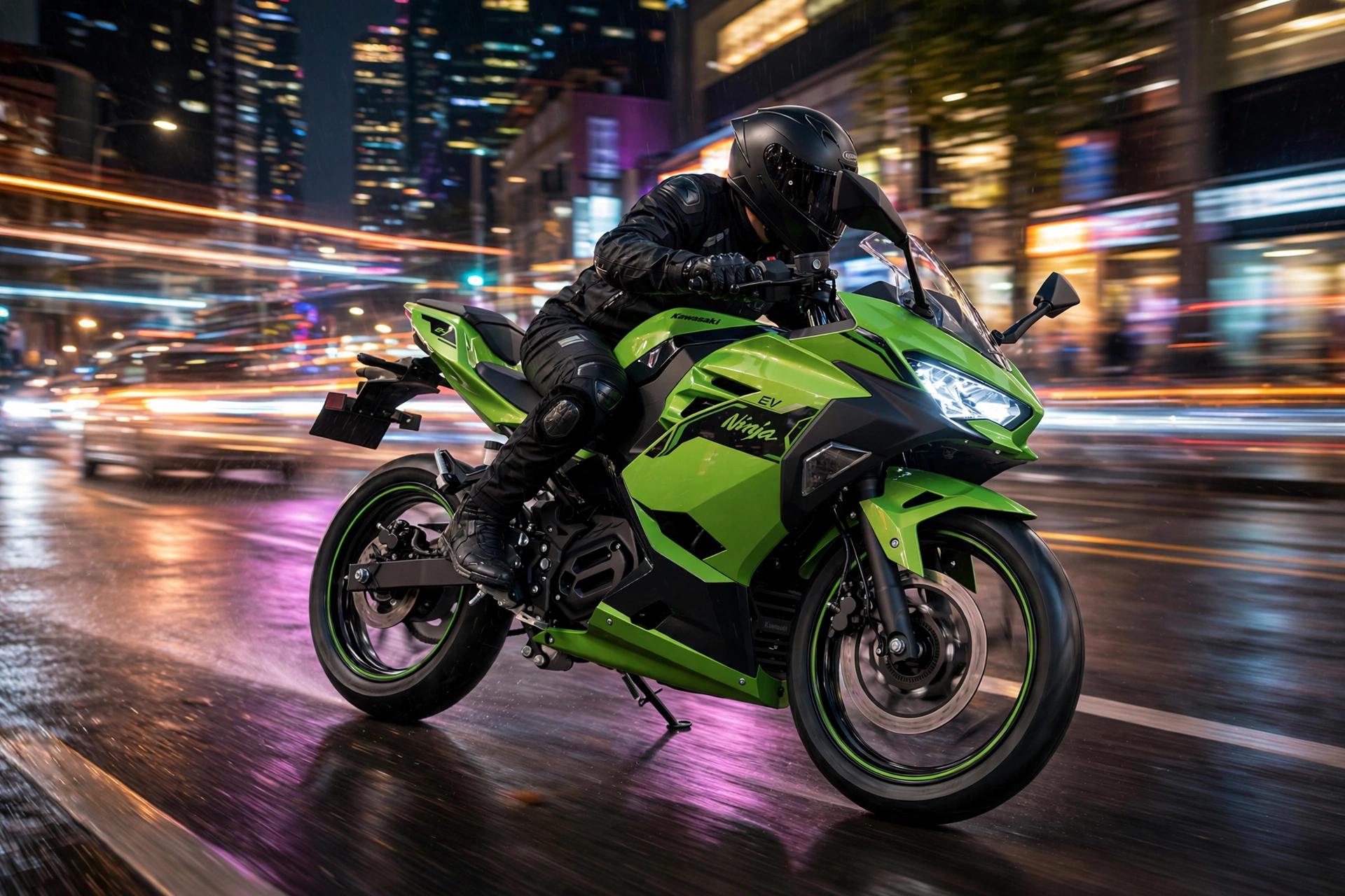 Kawasaki Ninja e-1 2024 circulando en silencio por la ciudad