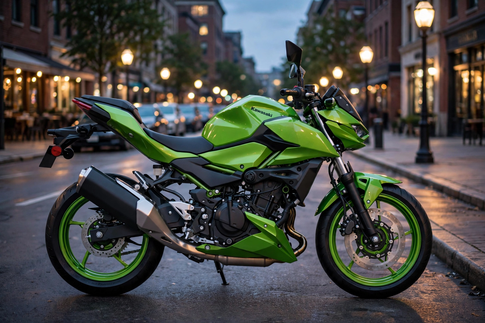 Kawasaki Z500 2024, vista tres cuartos delantera