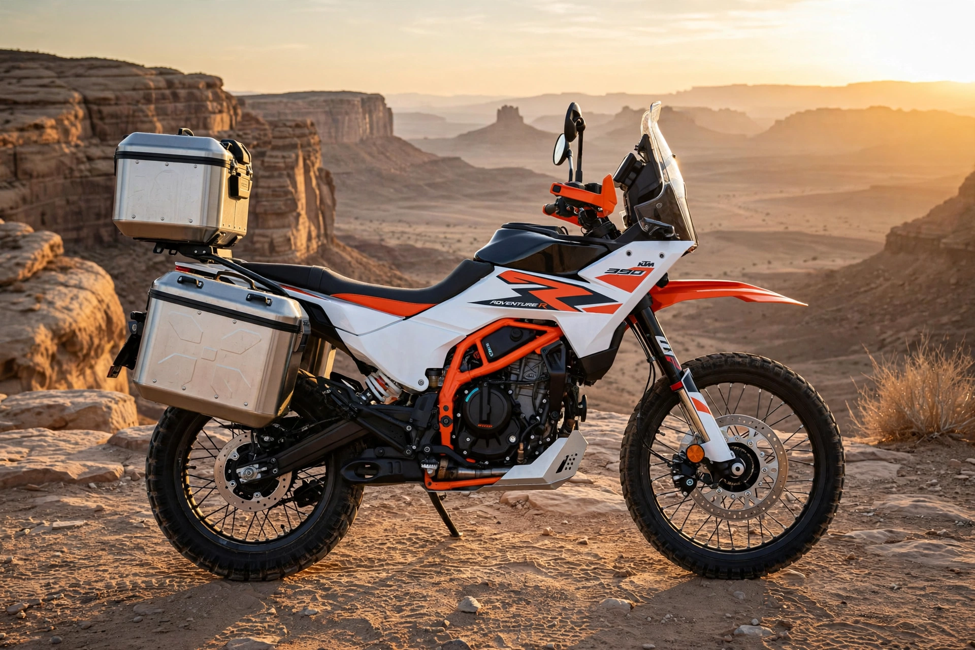 KTM 390 Adventure R 2025, vista lateral con maletas de aventura
