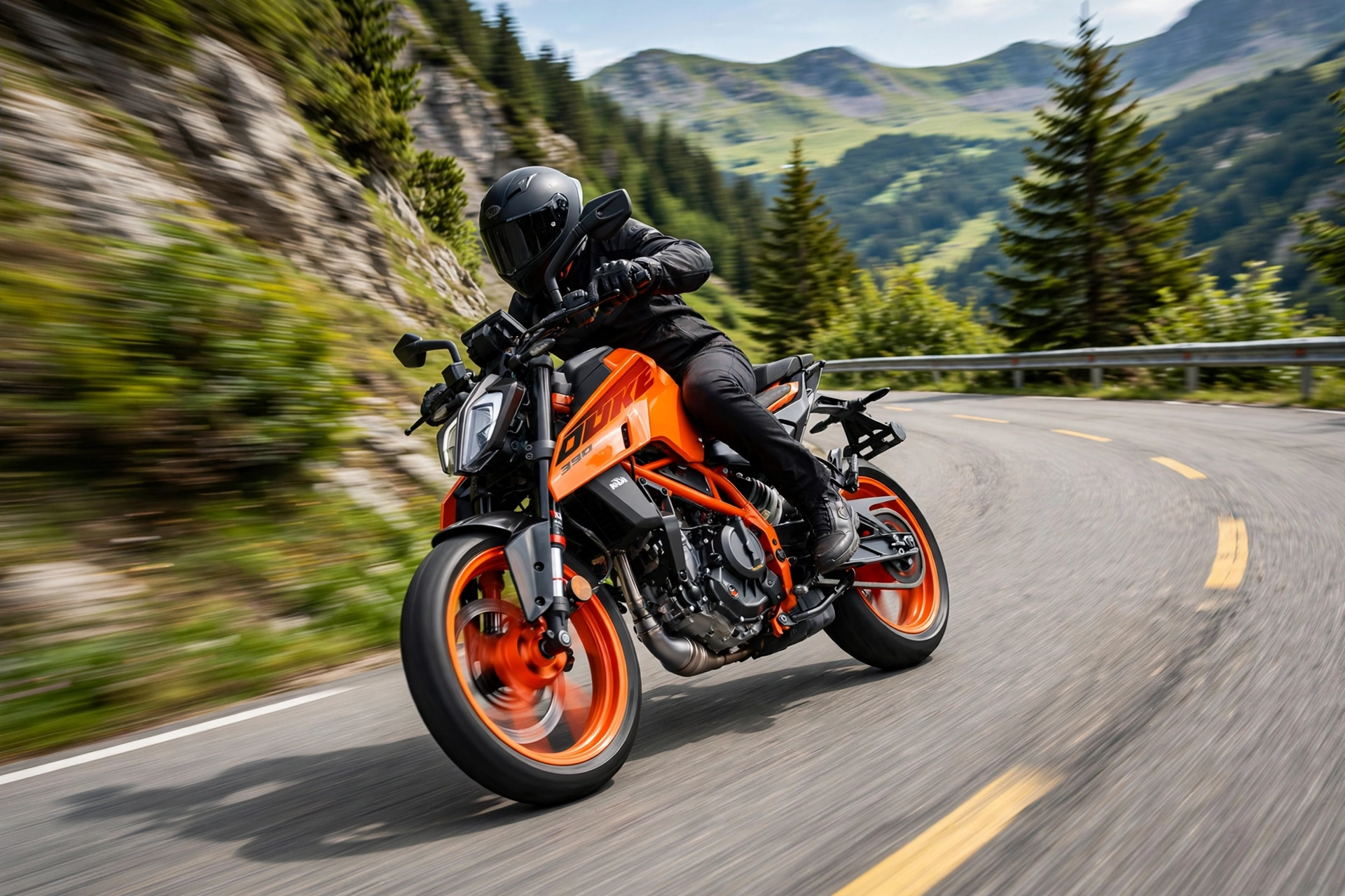 KTM 390 Duke 2024 rodando por una carretera de montaña
