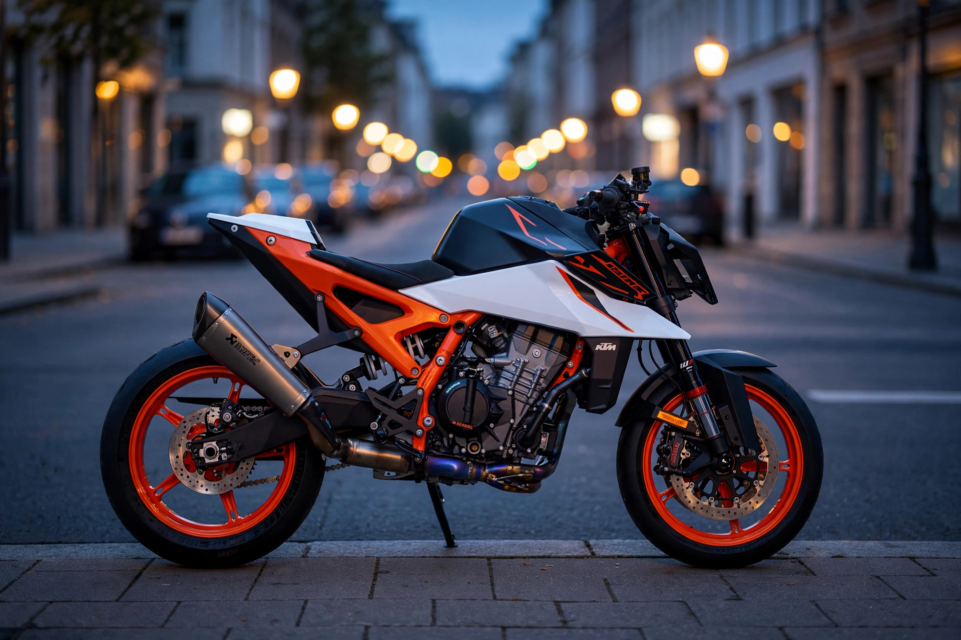 KTM 990 Duke R 2025, vista lateral con el chasis naranja