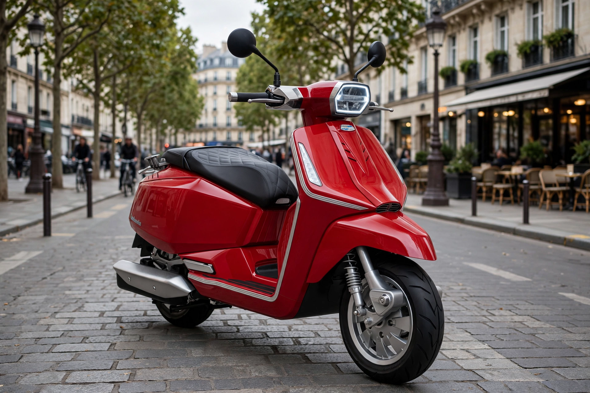 Lambretta X300 SR blanca en la ciudad