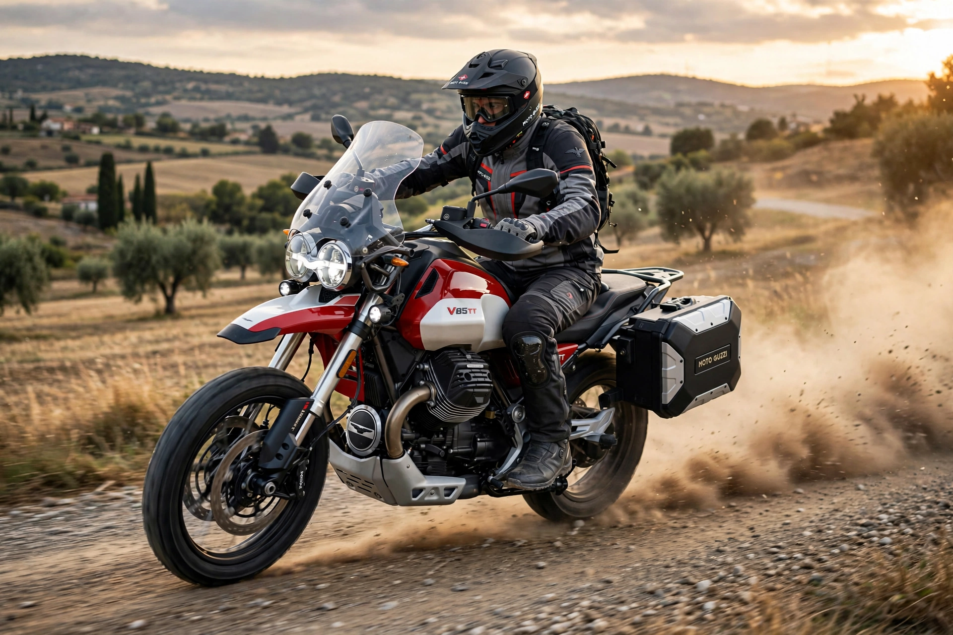 Moto Guzzi V85 TT 2024 en pista de tierra