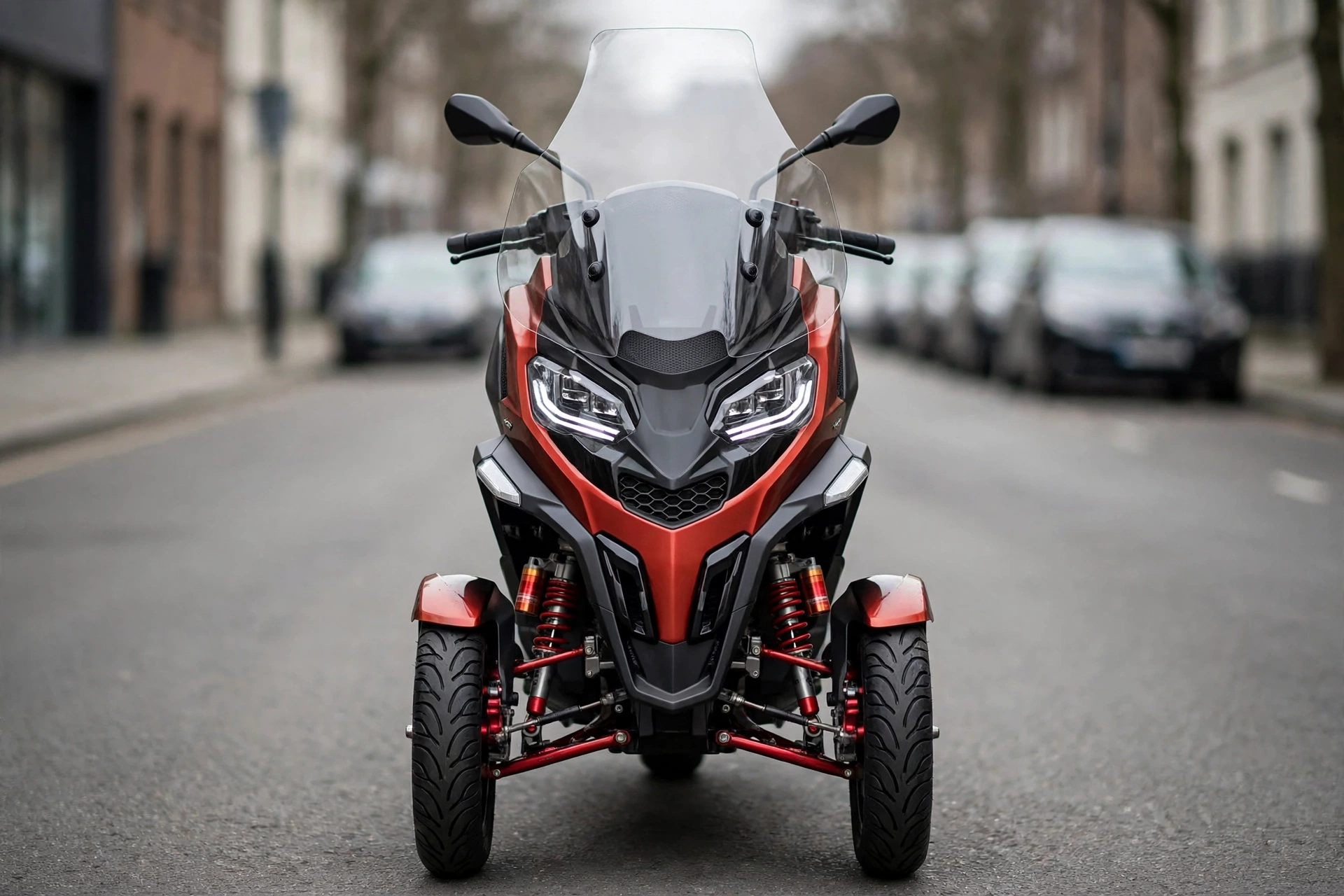 Piaggio MP3 400 Sport, vista frontal del tren delantero doble