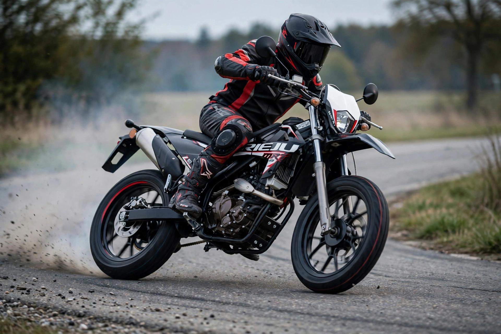Rieju MRT 125 SM LC 2024 derrapando en curva