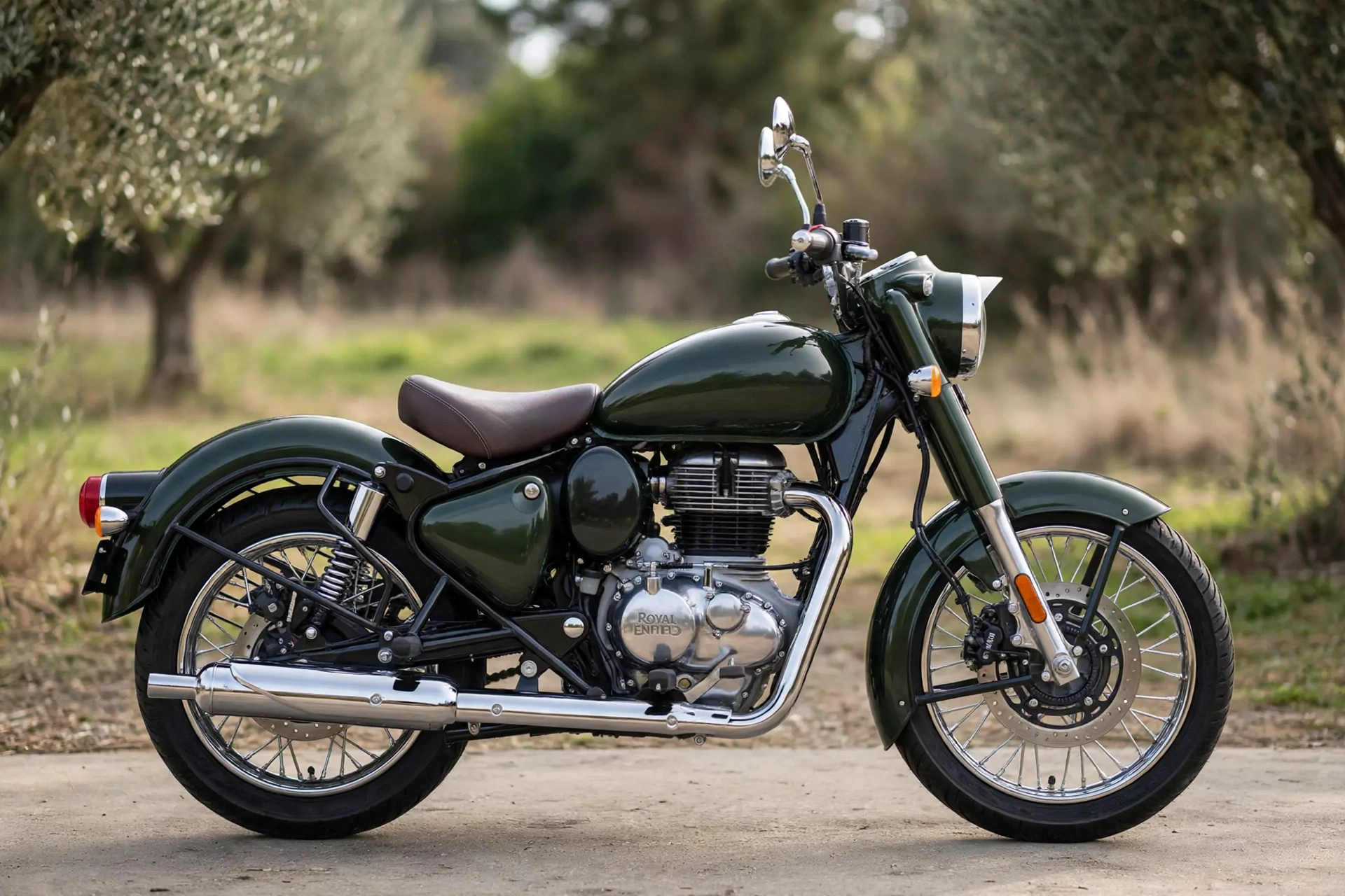Royal Enfield Classic 350 verde, vista lateral del depósito en lágrima