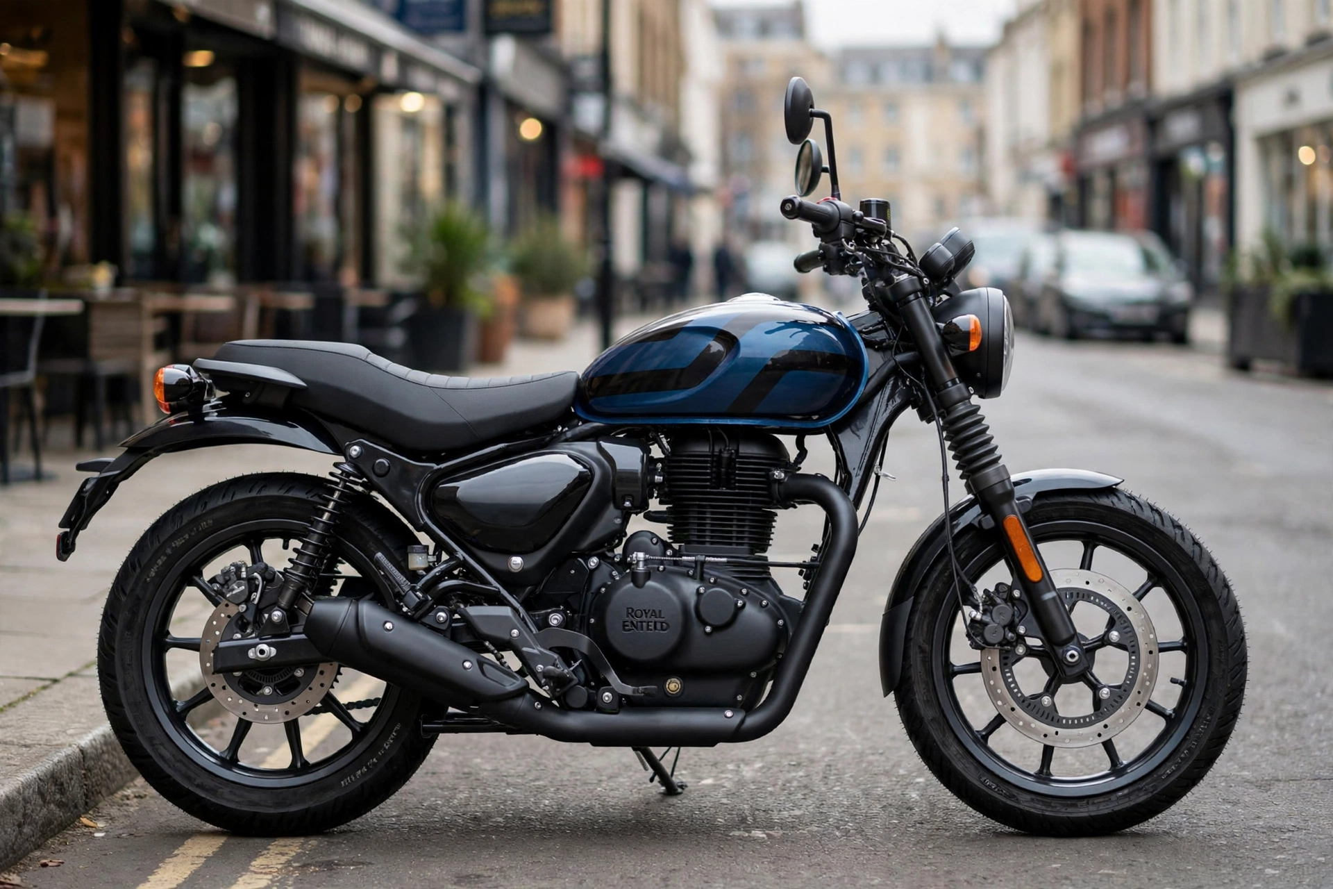 Royal Enfield Hunter 350, vista lateral en ciudad
