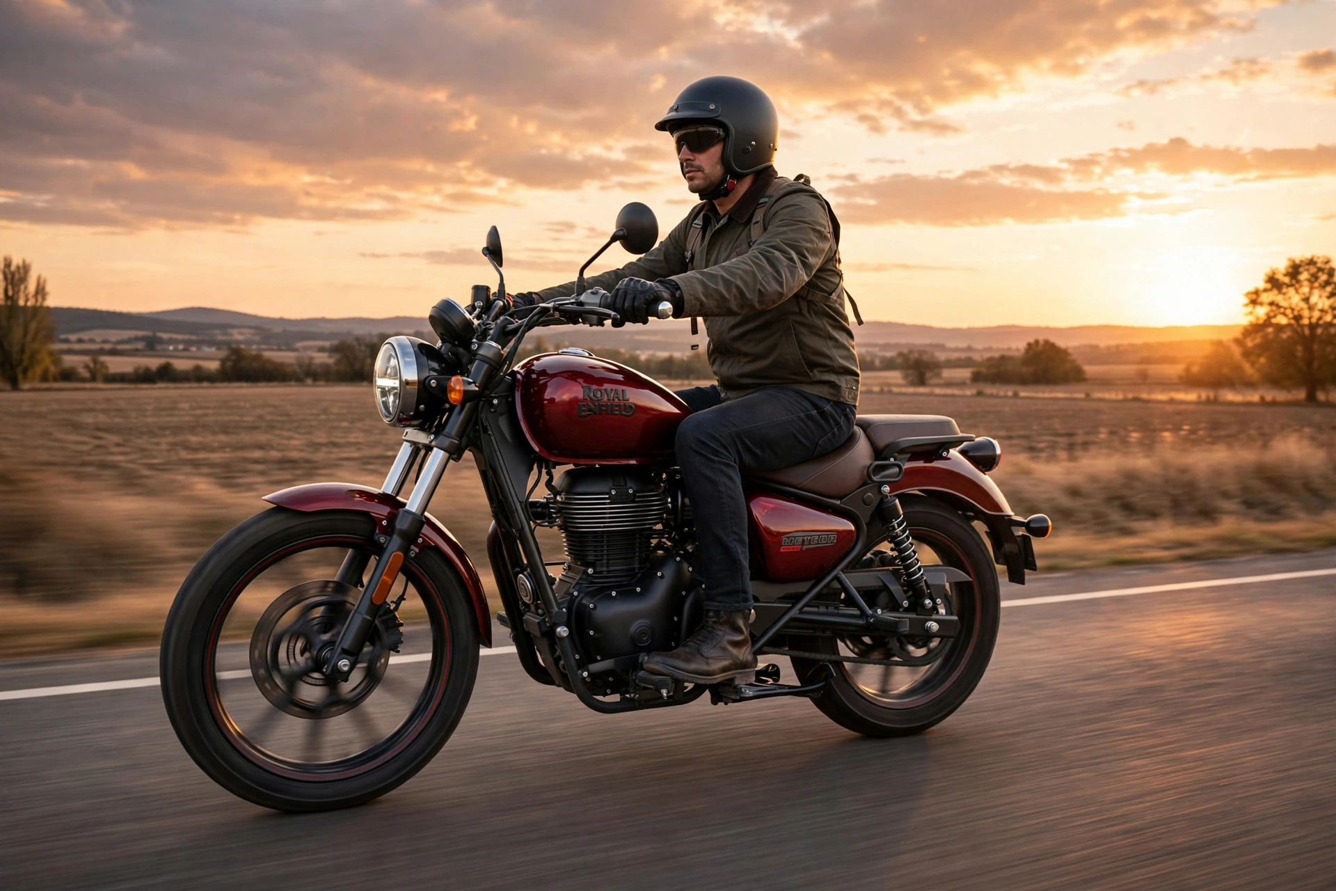 Royal Enfield Meteor 350 rodando al atardecer