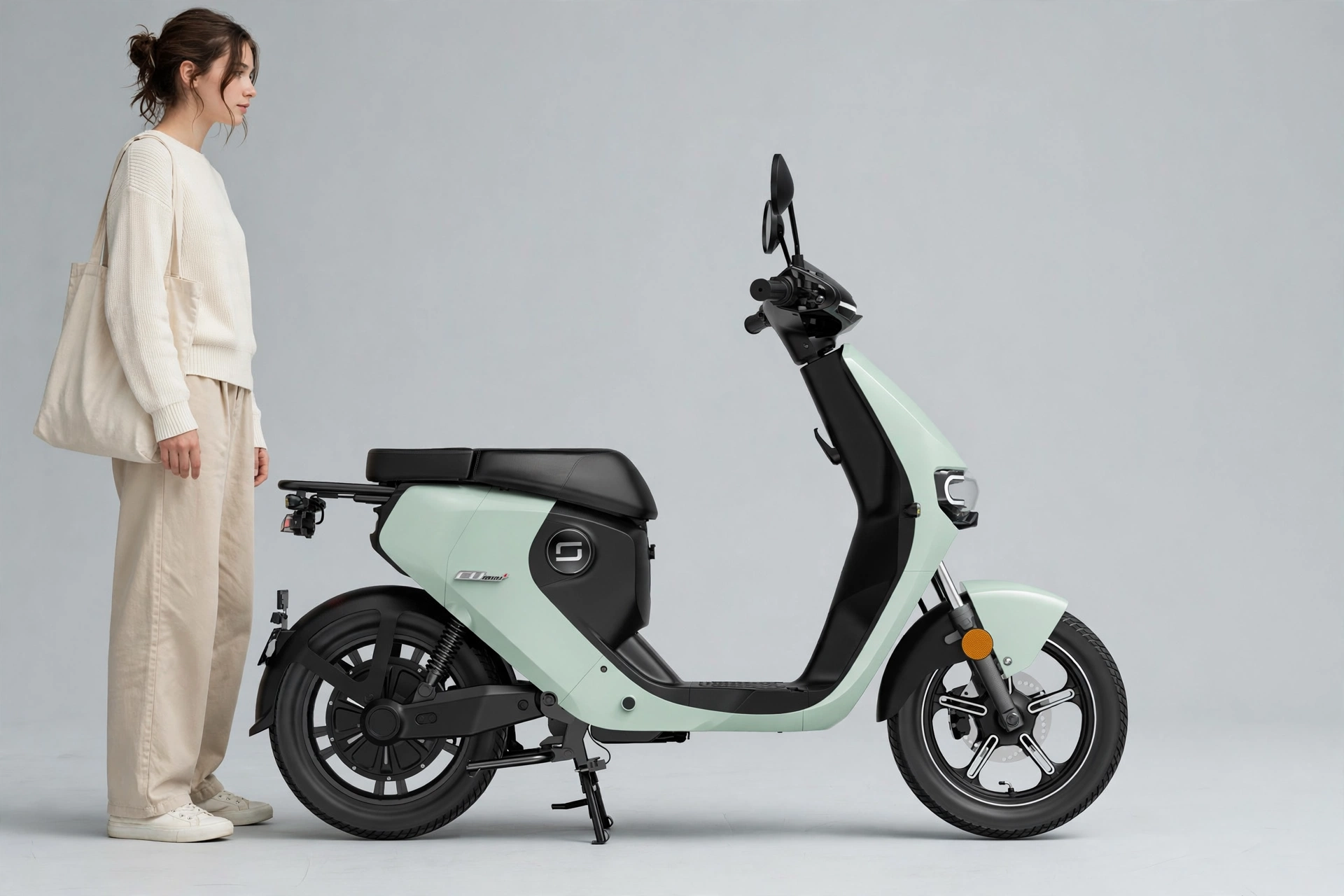 Super Soco CU Mini 2025 junto a una persona para ver su tamaño
