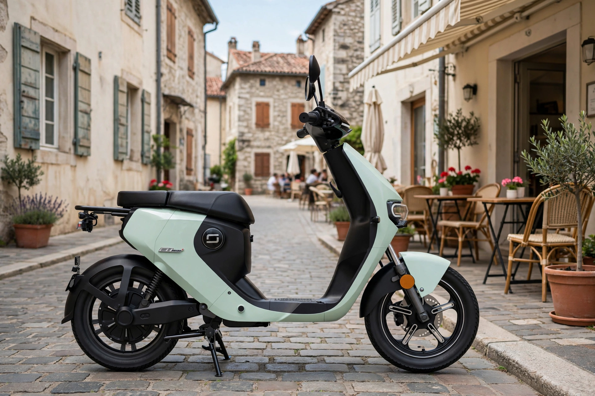 Super Soco CU Mini 2025 aparcada junto a una cafetería