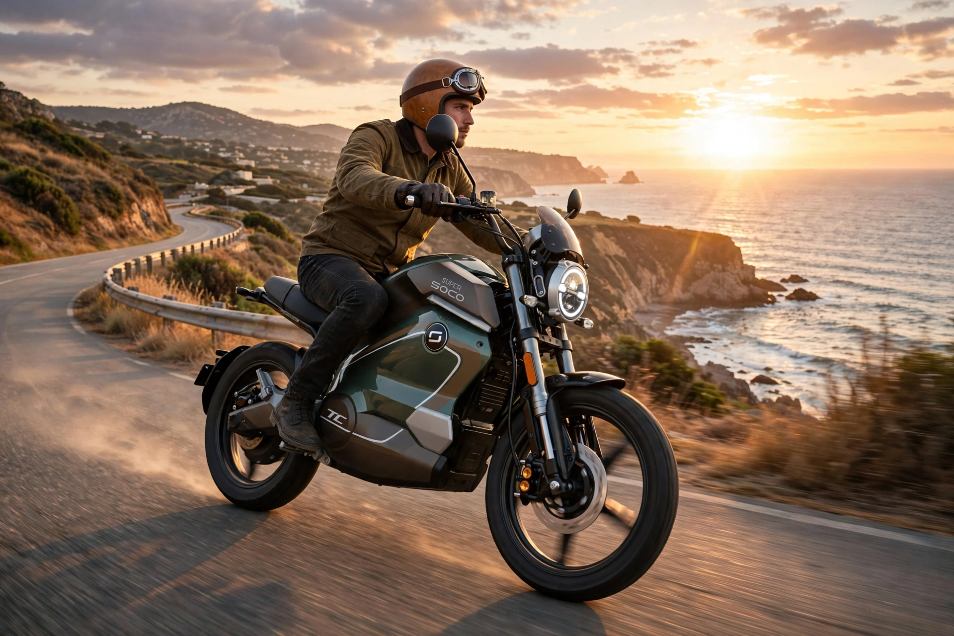 Super Soco TC Wanderer 2025 en una carretera costera